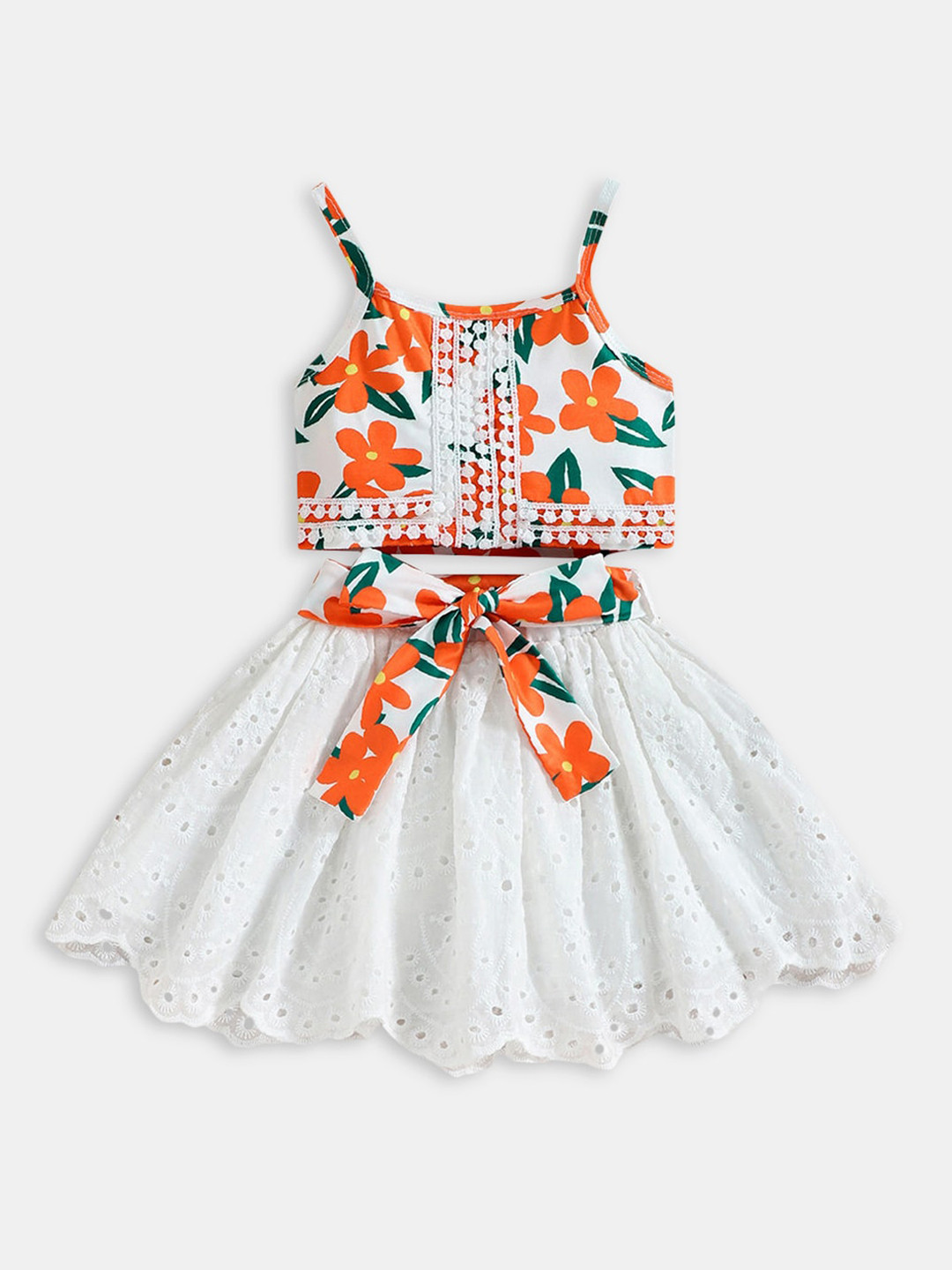 Hopscotch Girls White Floral Print Blouse and Skirt Set