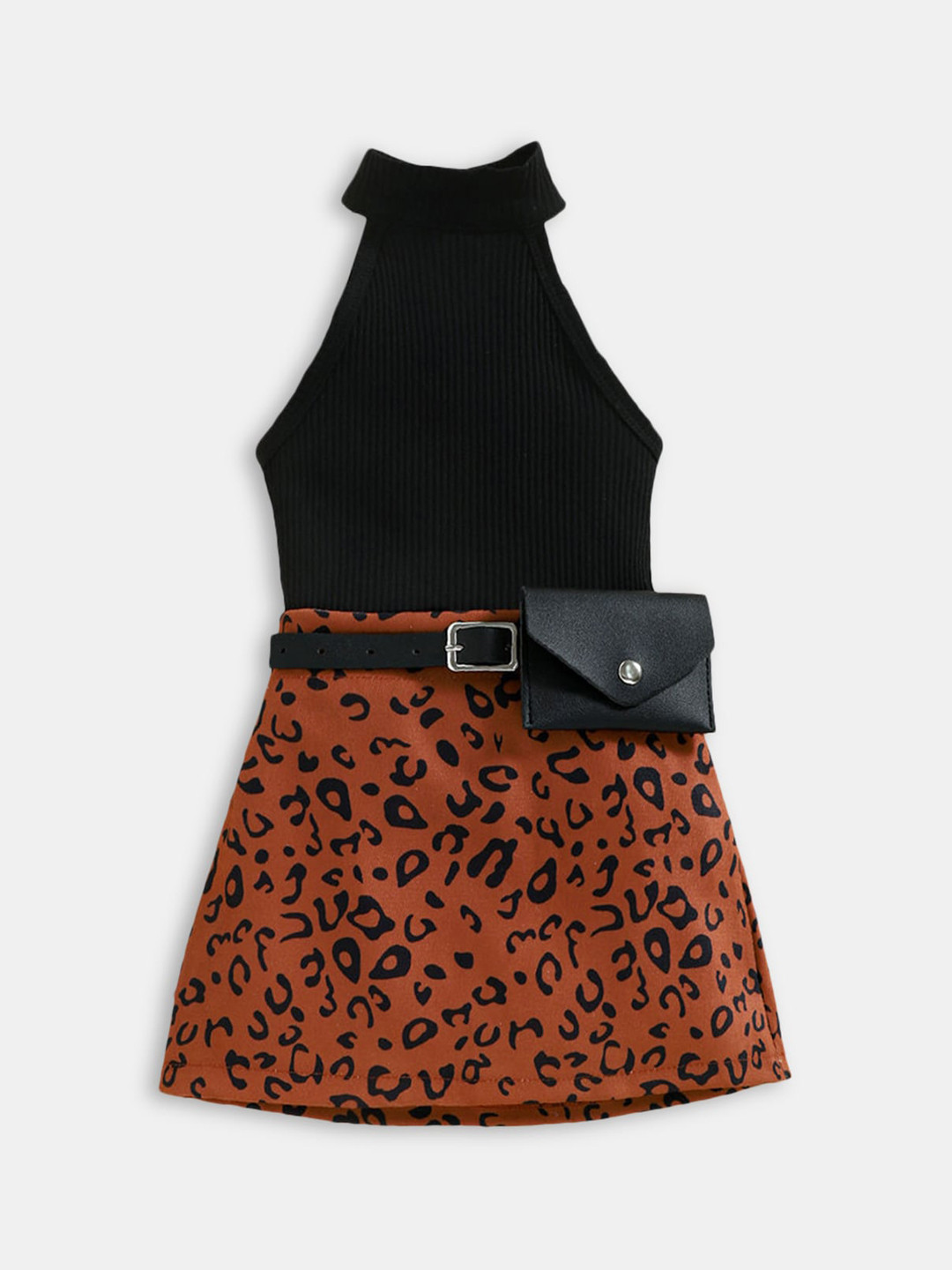 Hopscotch Girls Brown & Black Top with Animal Print Skirt Set