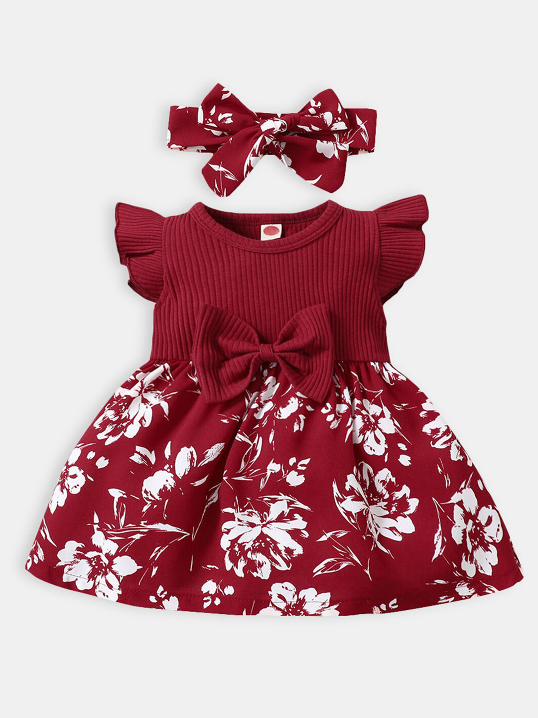 Hopscotch Girls Maroon & White Floral Print Cotton Dress