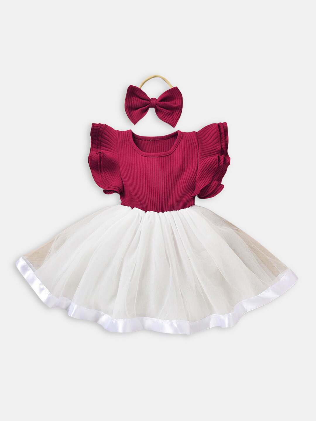 Hopscotch Girls Red & White Colourblocked Mini Dress with Headband