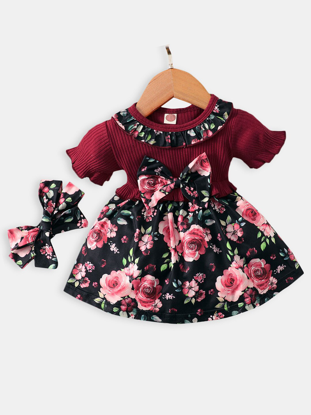 Hopscotch Red & Black Floral Dress with Headband
