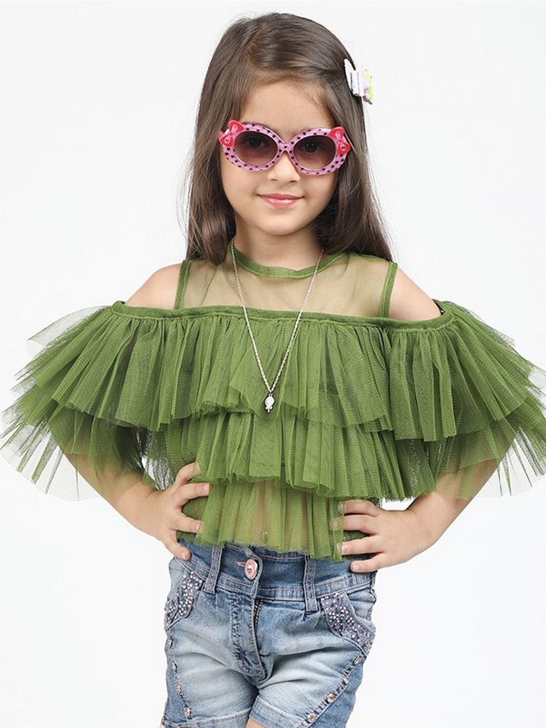 Jelly Jones Girls Green Pure Cotton Layered Bardot Crop Top