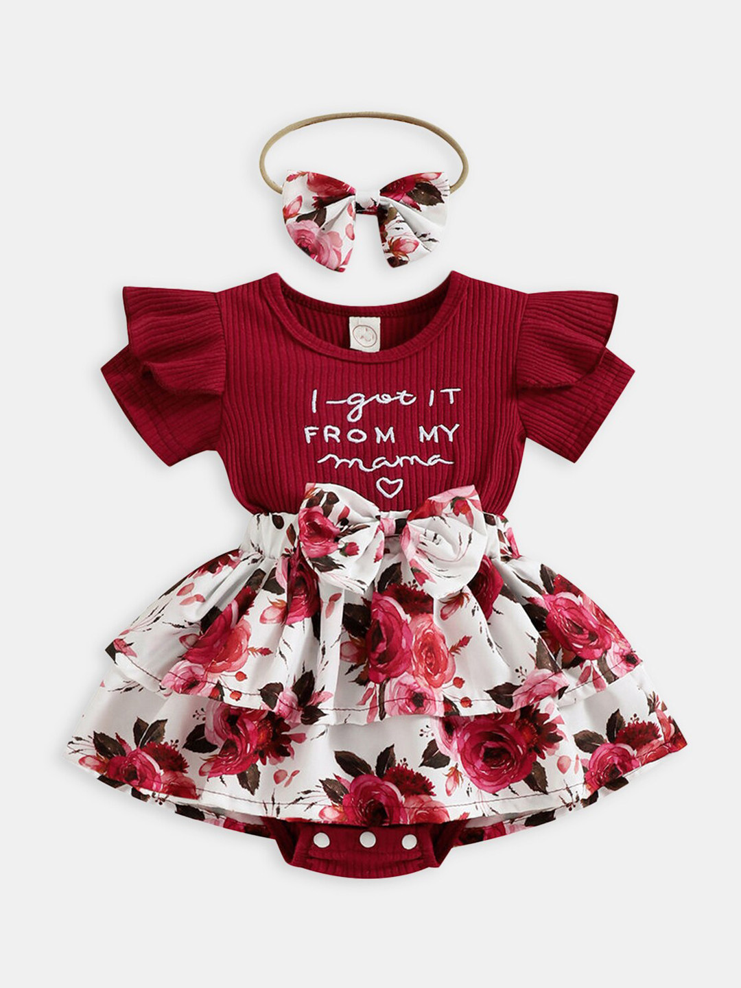 Hopscotch Kids Maroon & White Printed Bodysuit With Headband