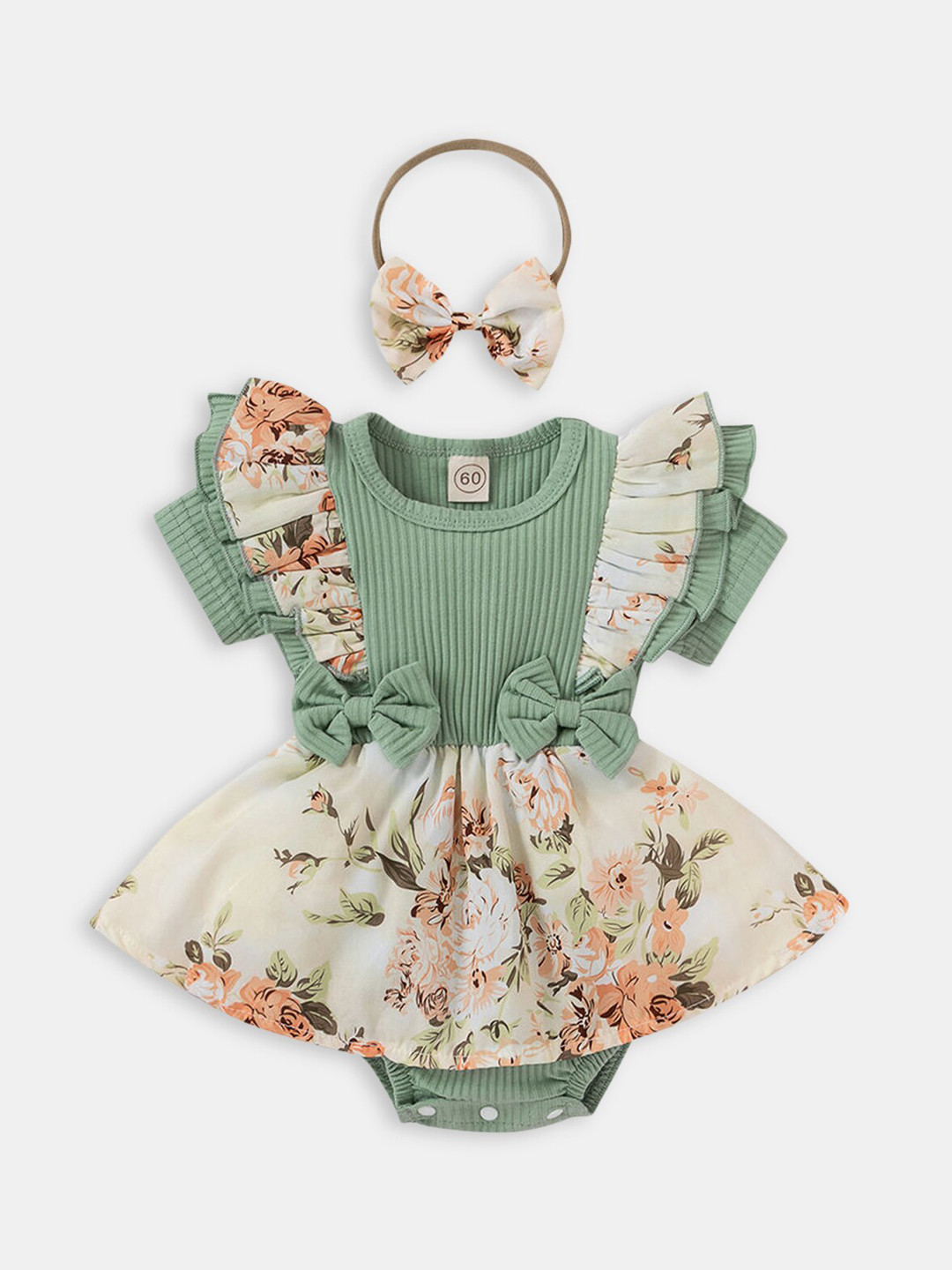 Hopscotch Kids Green & Off-White Printed Bodysuit With Headband
