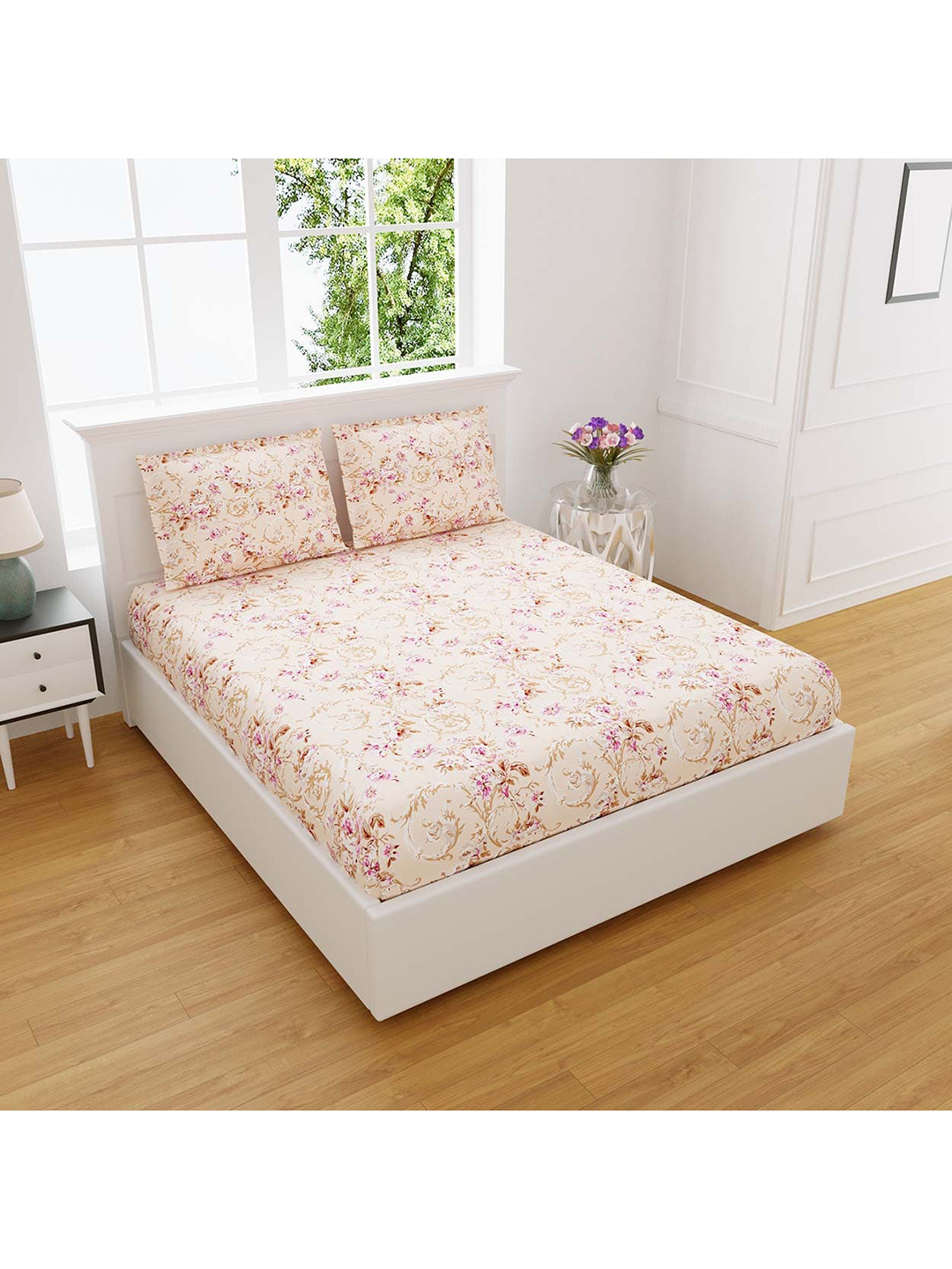 EasyGoods Daisy Peach Floral Pure Cotton 300 TC King Fine Bedsheet with 2 Pillow Covers-108 x 108 inches