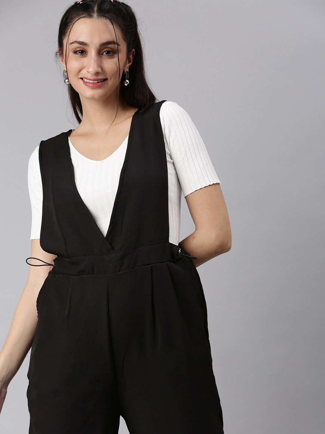 SHOWOFF Women Black & White Solid V-Neck Polyester Culotte Jumpsuit