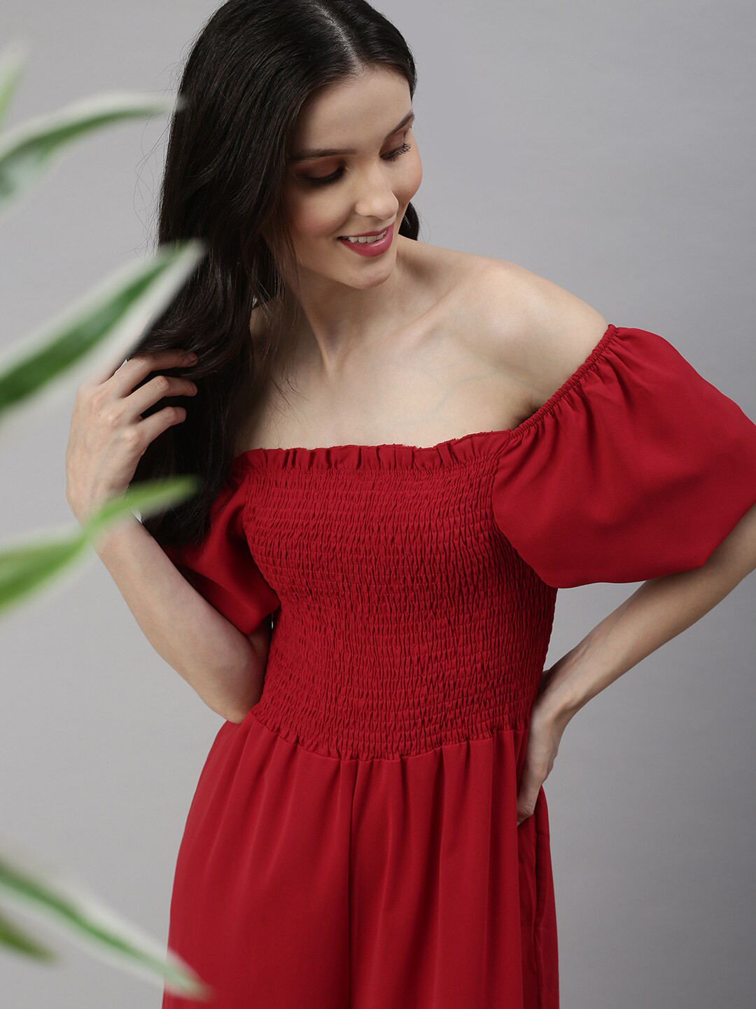 SHOWOFF Red Off-Shoulder Culotte Jumpsuit