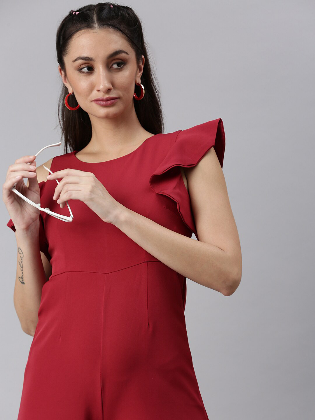 SHOWOFF Red Round Neck Solid Basic Jumpsuit