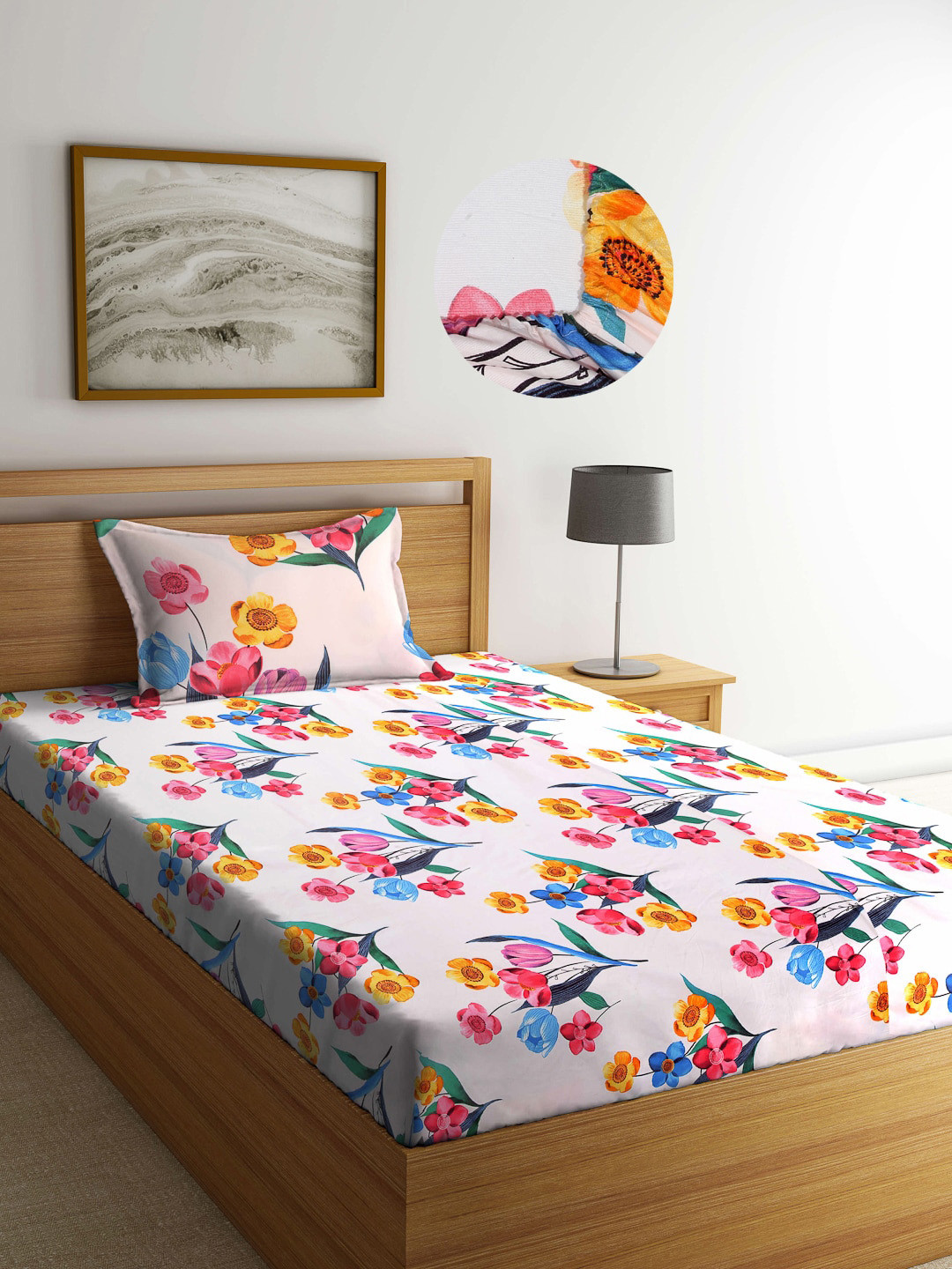 Arrabi Pink Floral Polycotton Skin-Friendly 300 TC Fitted Single Fine Bedsheet with a Pillow Cover-85 x 59 inches