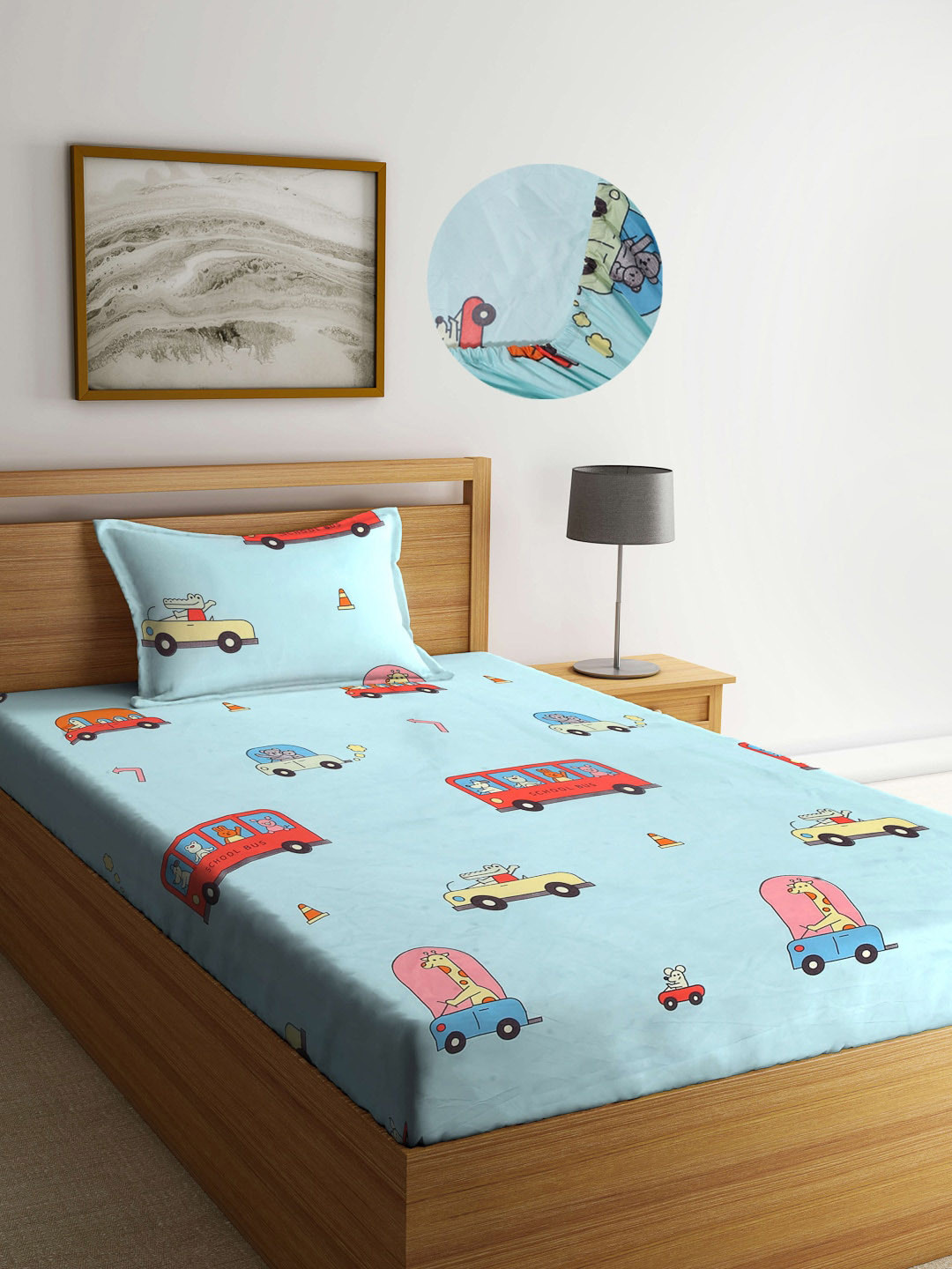 Arrabi Blue & Pink Cartoon Characters 300 TC Single Bedsheet with 1 Pillow Covers