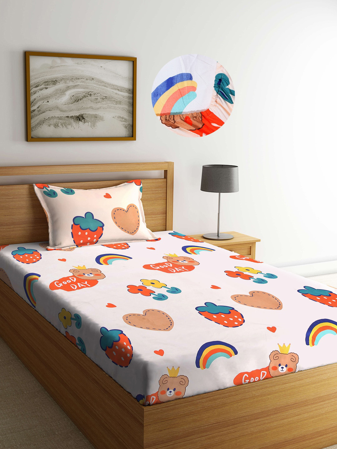 Arrabi Peach-Coloured & Red Cartoon Characters 300 TC Single Bedsheet with 1 Pillow Covers