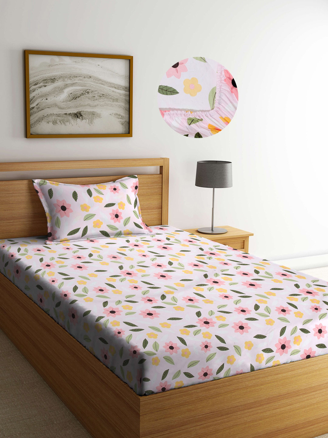 Arrabi Pink Floral Cotton Skin-Friendly 300 TC Fitted Single Fine Bedsheet with a Pillow Cover-85 x 59 inches