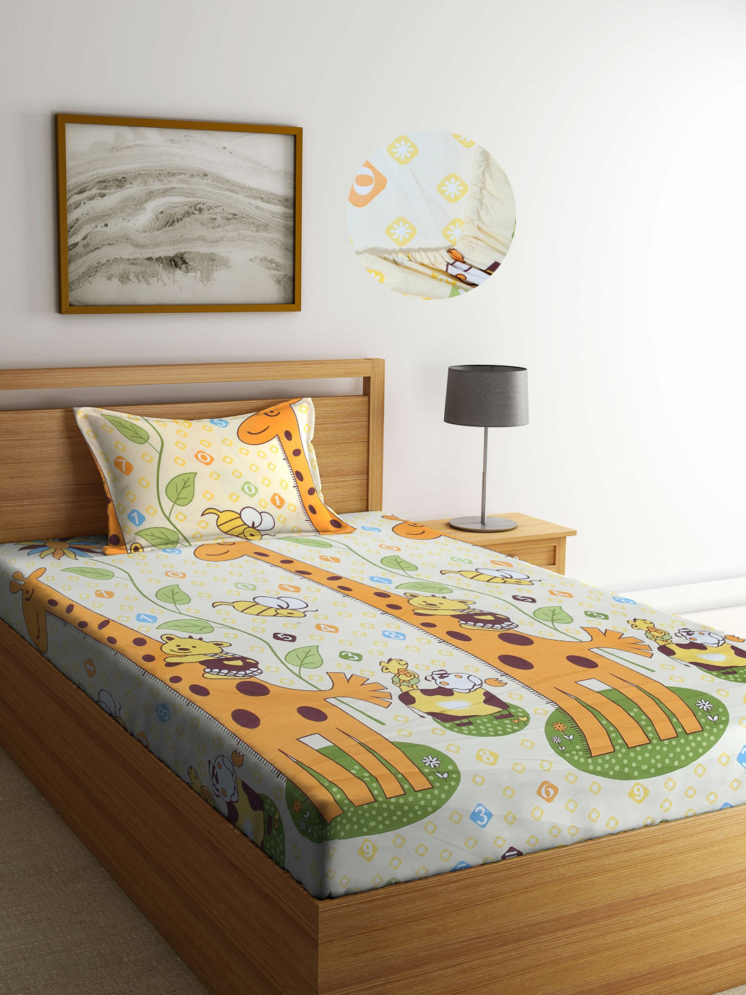 Arrabi Orange Animal Cotton Skin-Friendly 300 TC Fitted Single Fine Bedsheet with a Pillow Cover-87 x 59 inches