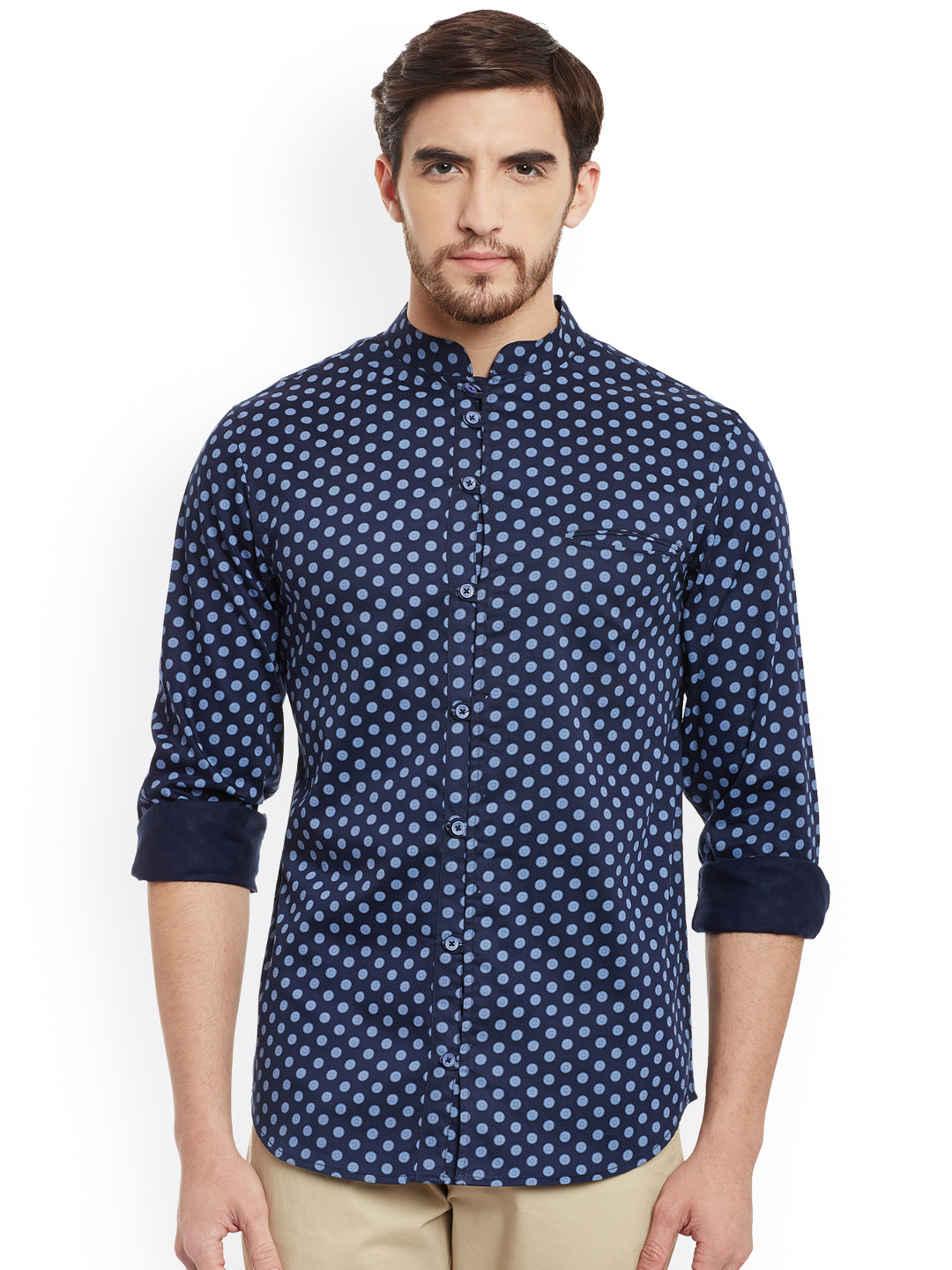 Atorse Men Navy Polka Dot Print Casual Shirt