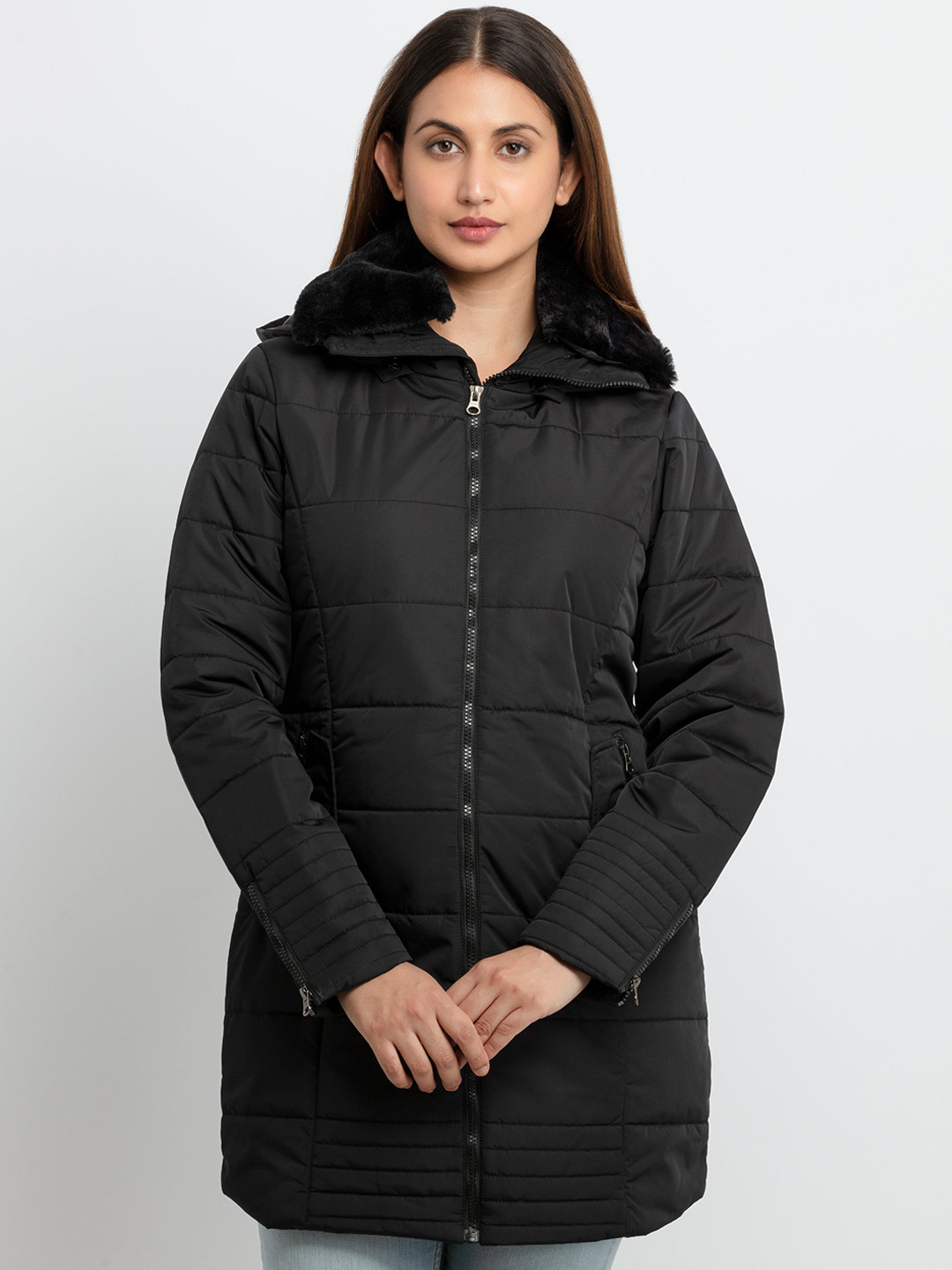 Status Quo Women Black Faux Fur Trim Longline Hooded Padded Jacket