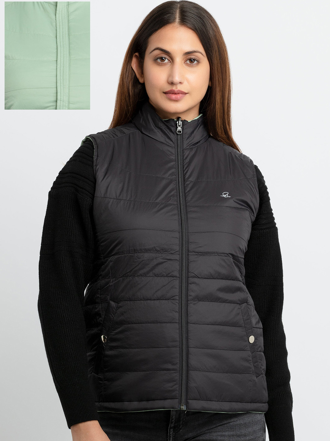 Status Quo Women Green & Black Reversible Puffer Jacket