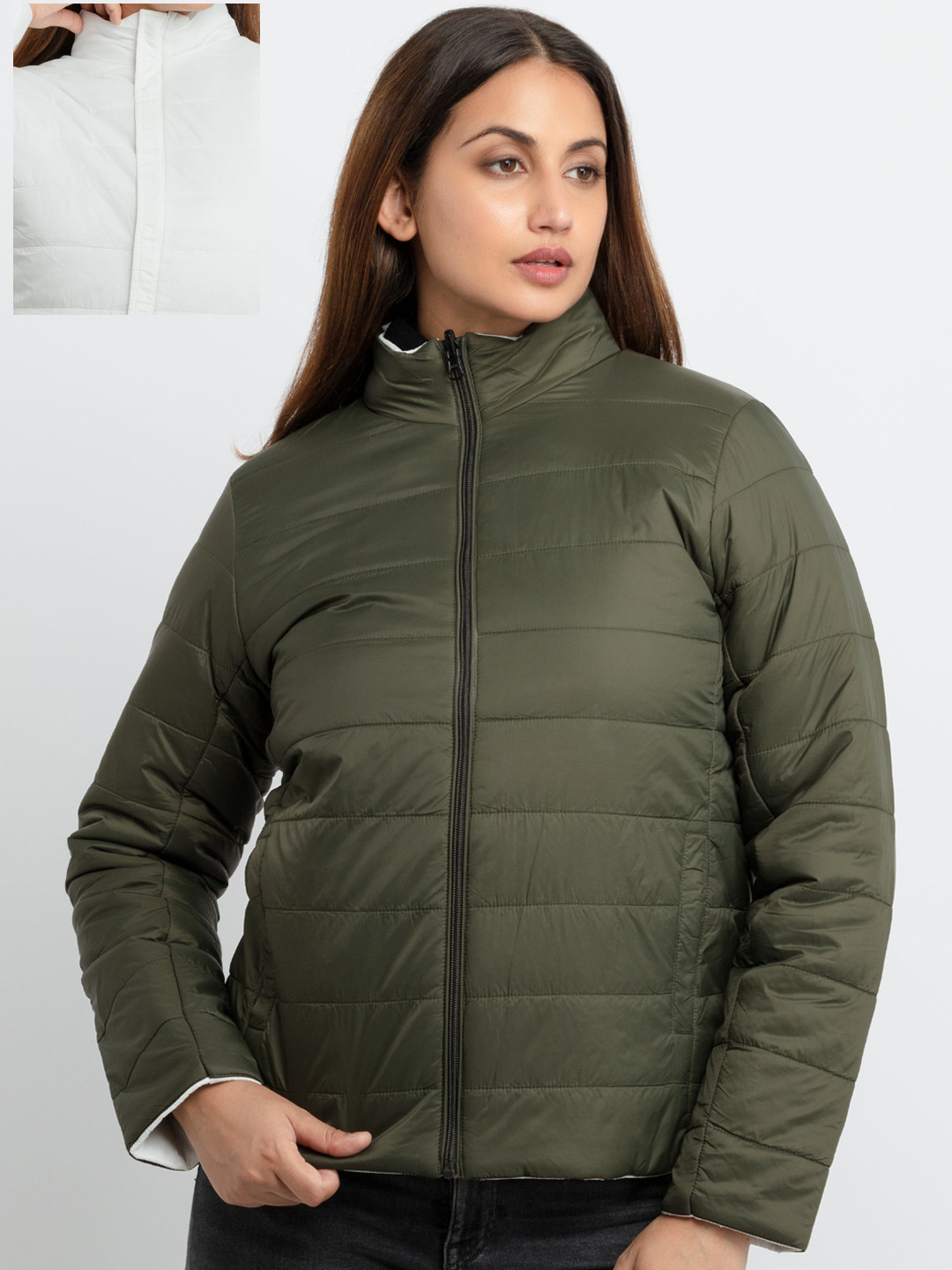 Status Quo Women Off White & Olive Green Reversible Puffer Jacket