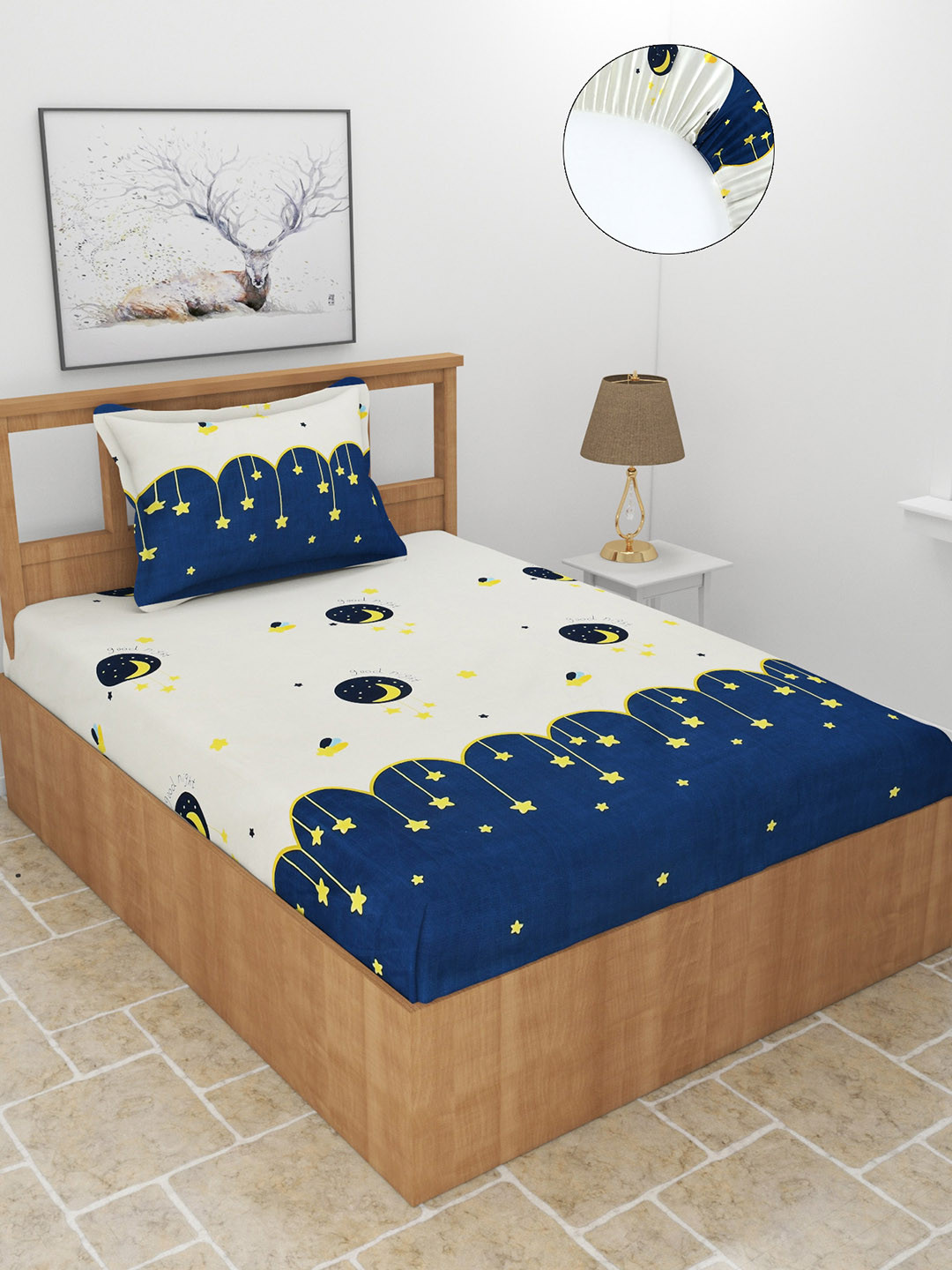 MORADO Navy Blue Graphic Polycotton 210 TC Fitted Single Fine Bedsheet with a Pillow Cover-78 x 36 inches