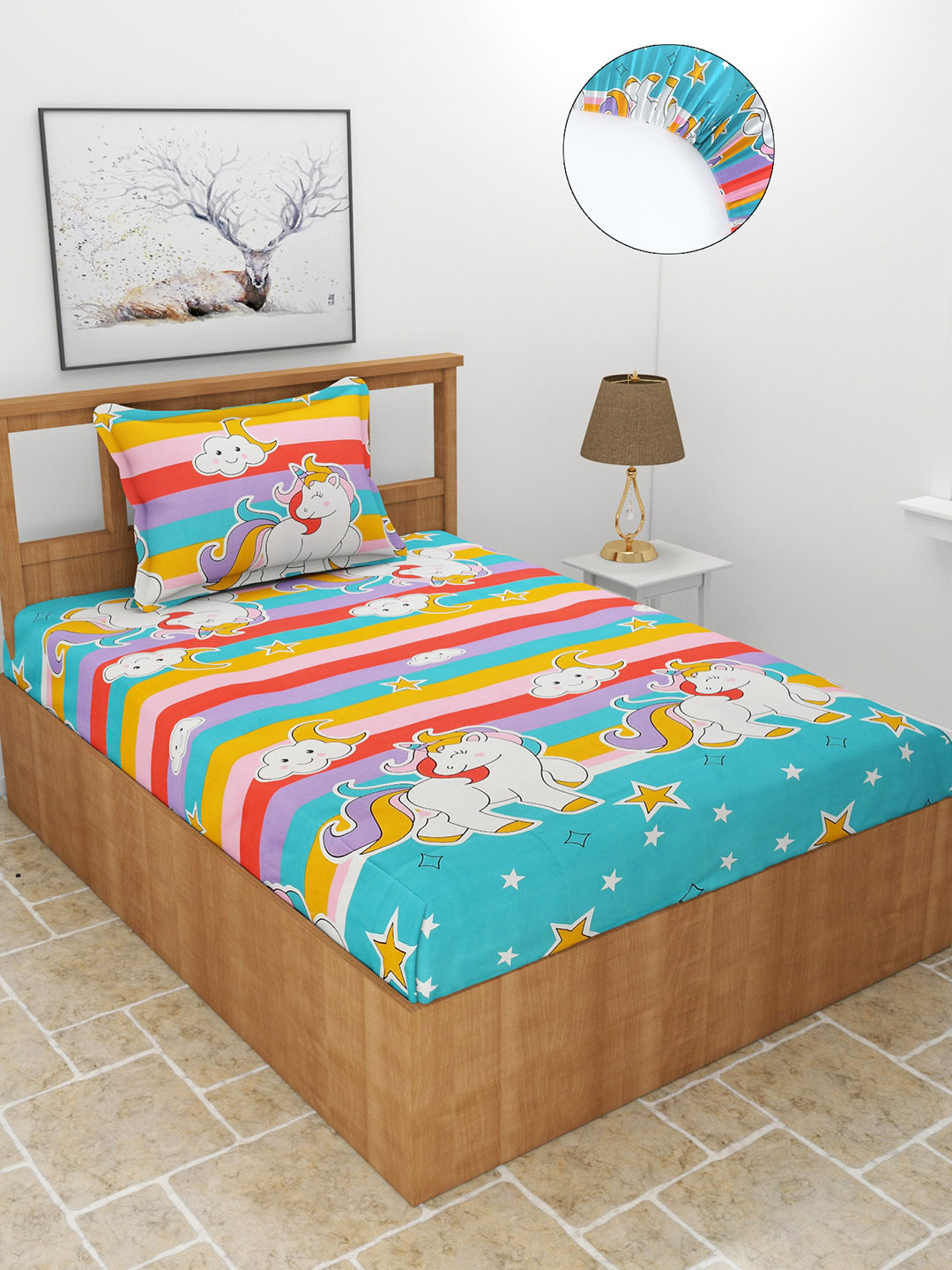 MORADO Unicorn Pink Cartoon Characters Polycotton 180 TC Fitted Single Fine Bedsheet with a Pillow Cover-198 x 91 x 15 cm