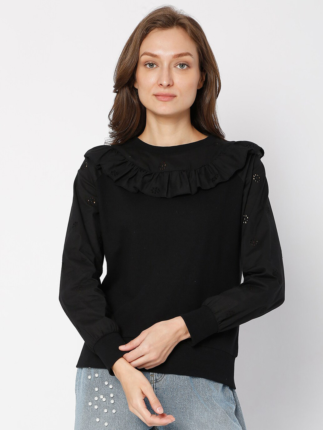 Vero Moda Women Black Solid Cotton Regular Fit Sweatshirt