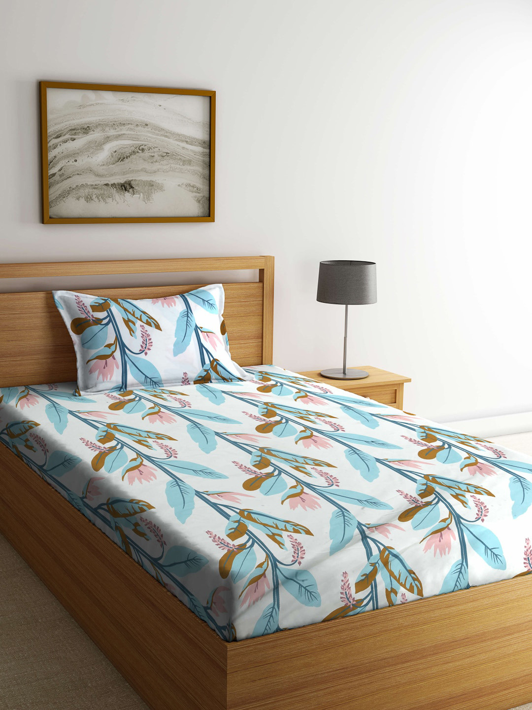 Arrabi Blue Floral Cotton Skin-Friendly 300 TC Single Fine Bedsheet with a Pillow Cover-85 x 59 inches