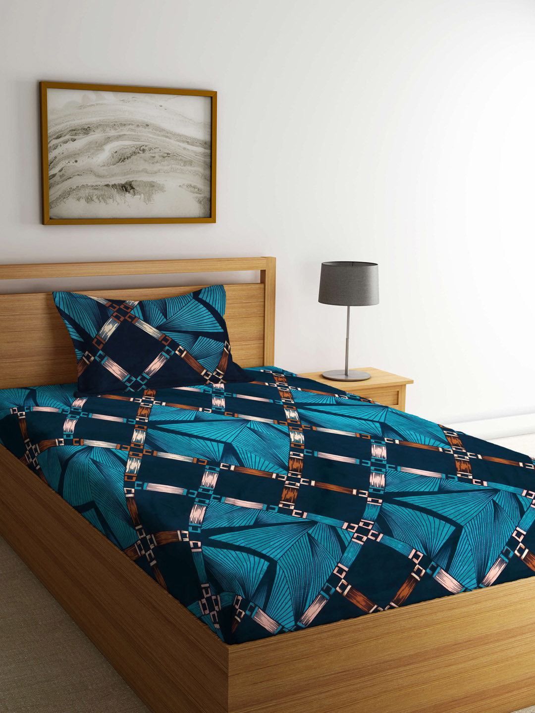 Arrabi Blue Geometric Polycotton 300 TC Single Fine Bedsheet with a Pillow Cover-90 x 200 cm