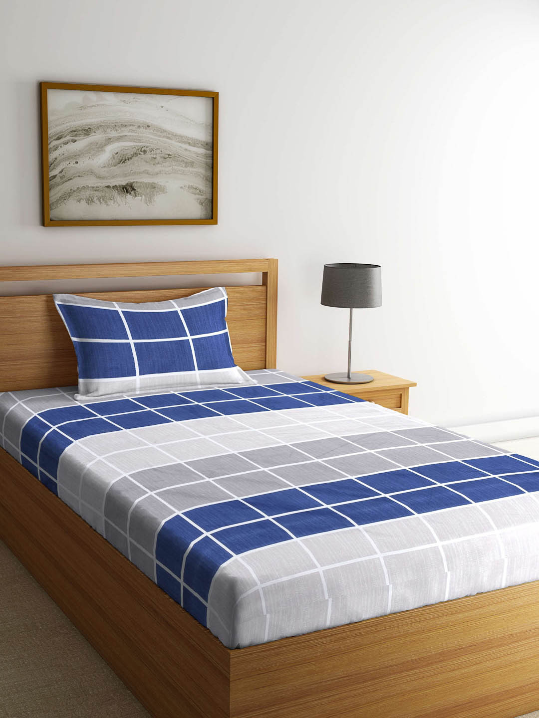 Arrabi Blue Geometric Polycotton Skin-Friendly 300 TC Single Fine Bedsheet with a Pillow Cover-240 x 215 cm