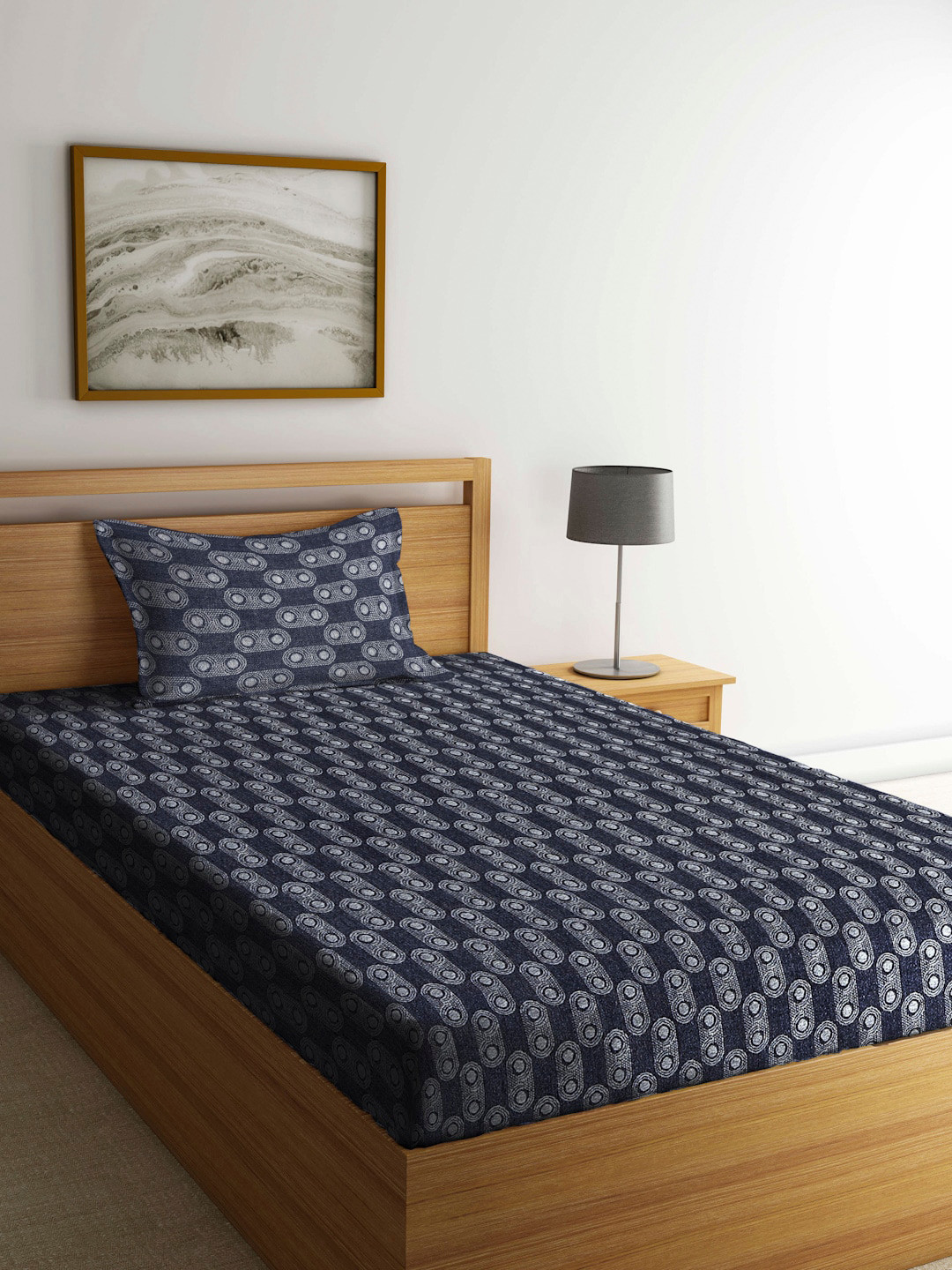 Arrabi Black & Grey Graphic 300 TC Single Bedsheet with 1 Pillow Cover