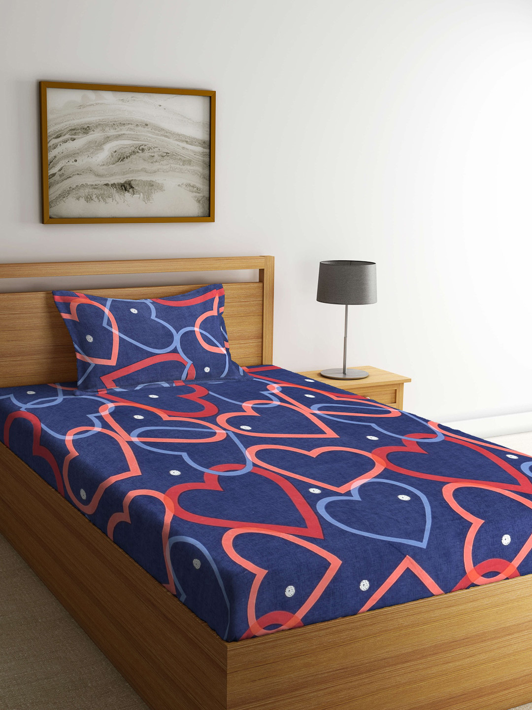 Arrabi Blue Graphic Polycotton Skin-Friendly 300 TC Single Fine Bedsheet with a Pillow Cover-12 x 12 inches