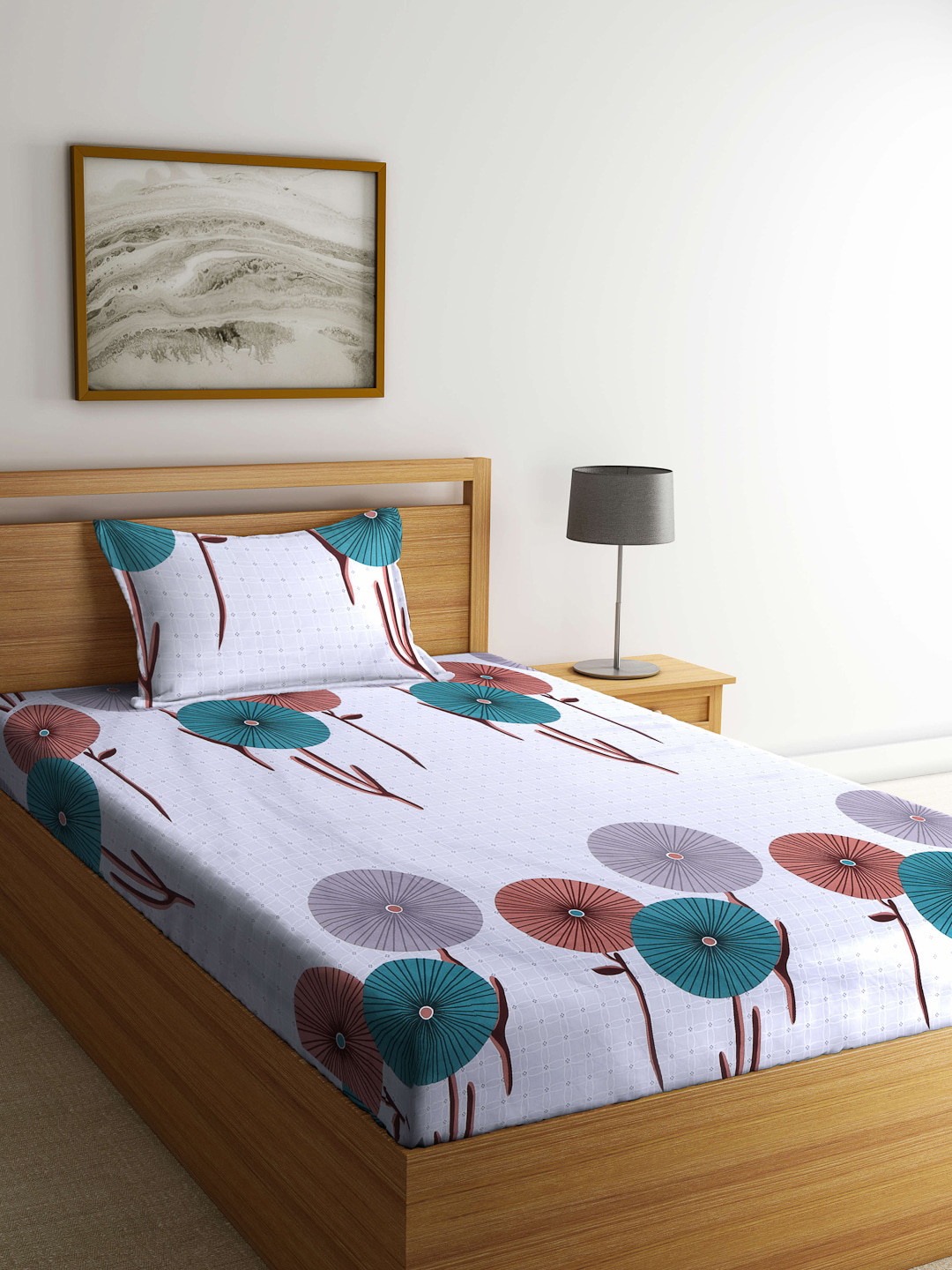Arrabi Grey & Green Graphic 300 TC Single Bedsheet with 1 Pillow Cover