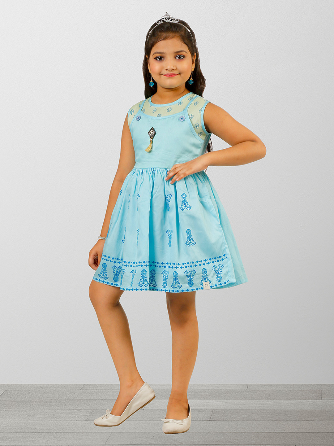 ZOOBA Turquoise Blue Ethnic Motifs Printed Cotton Dress