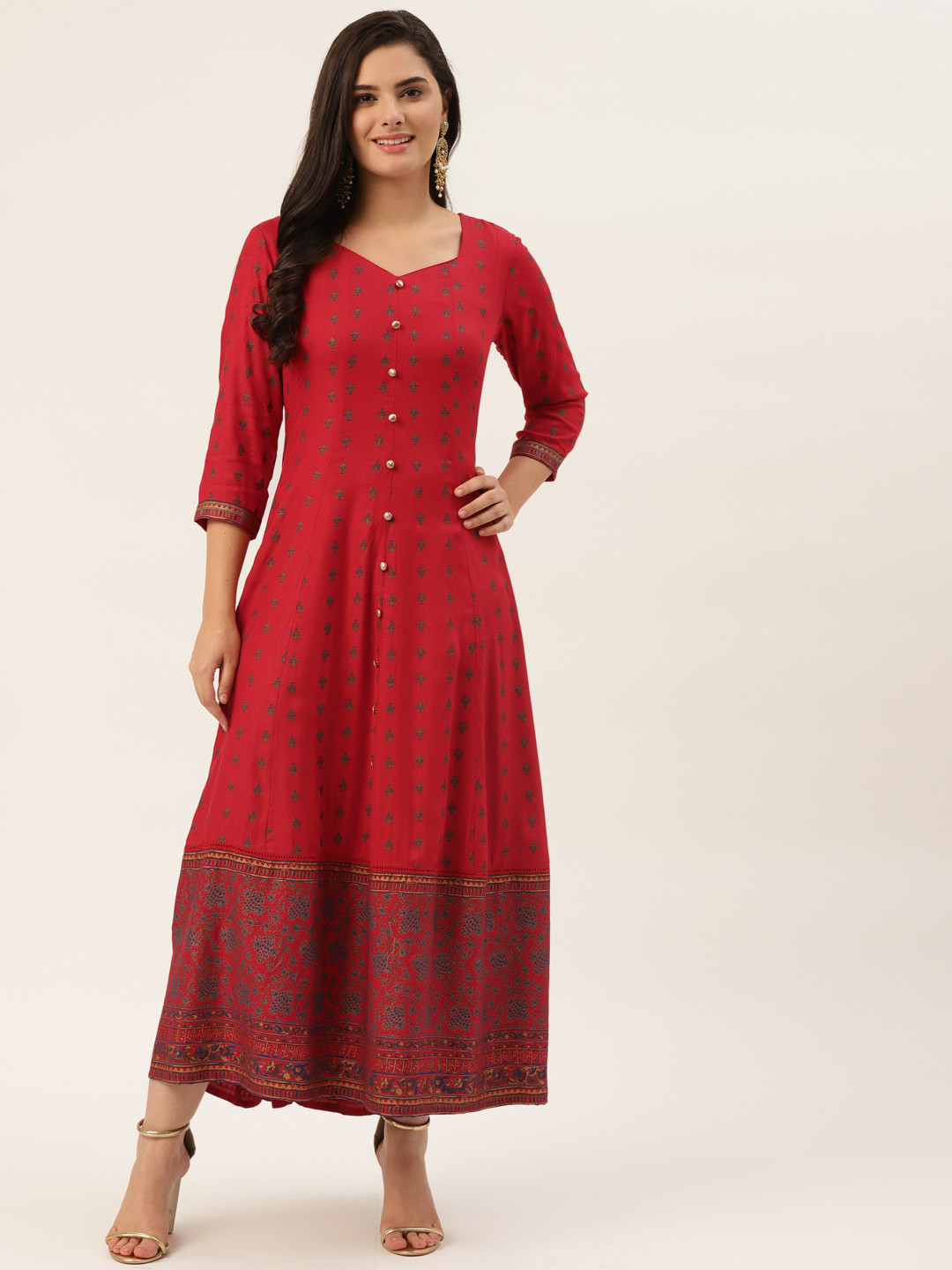 MAAND Women Red & Navy Blue Ethnic Motif Printed Maxi Ethnic Dress