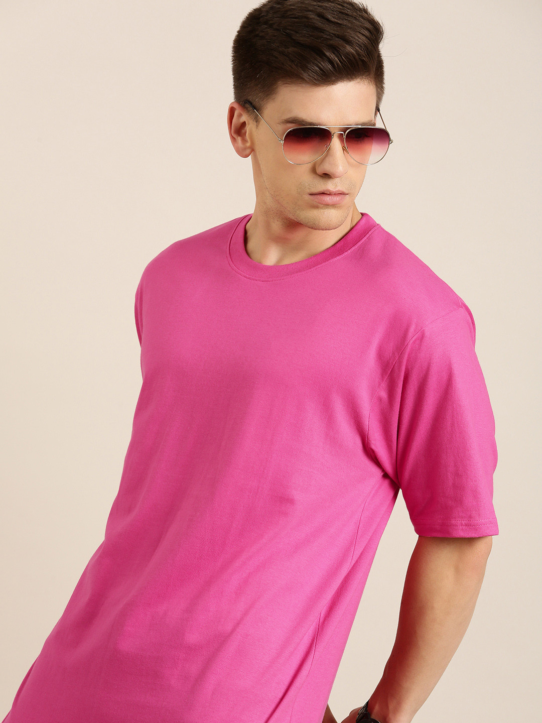 DILLINGER Men Pink Solid Cotton Oversized T-shirt
