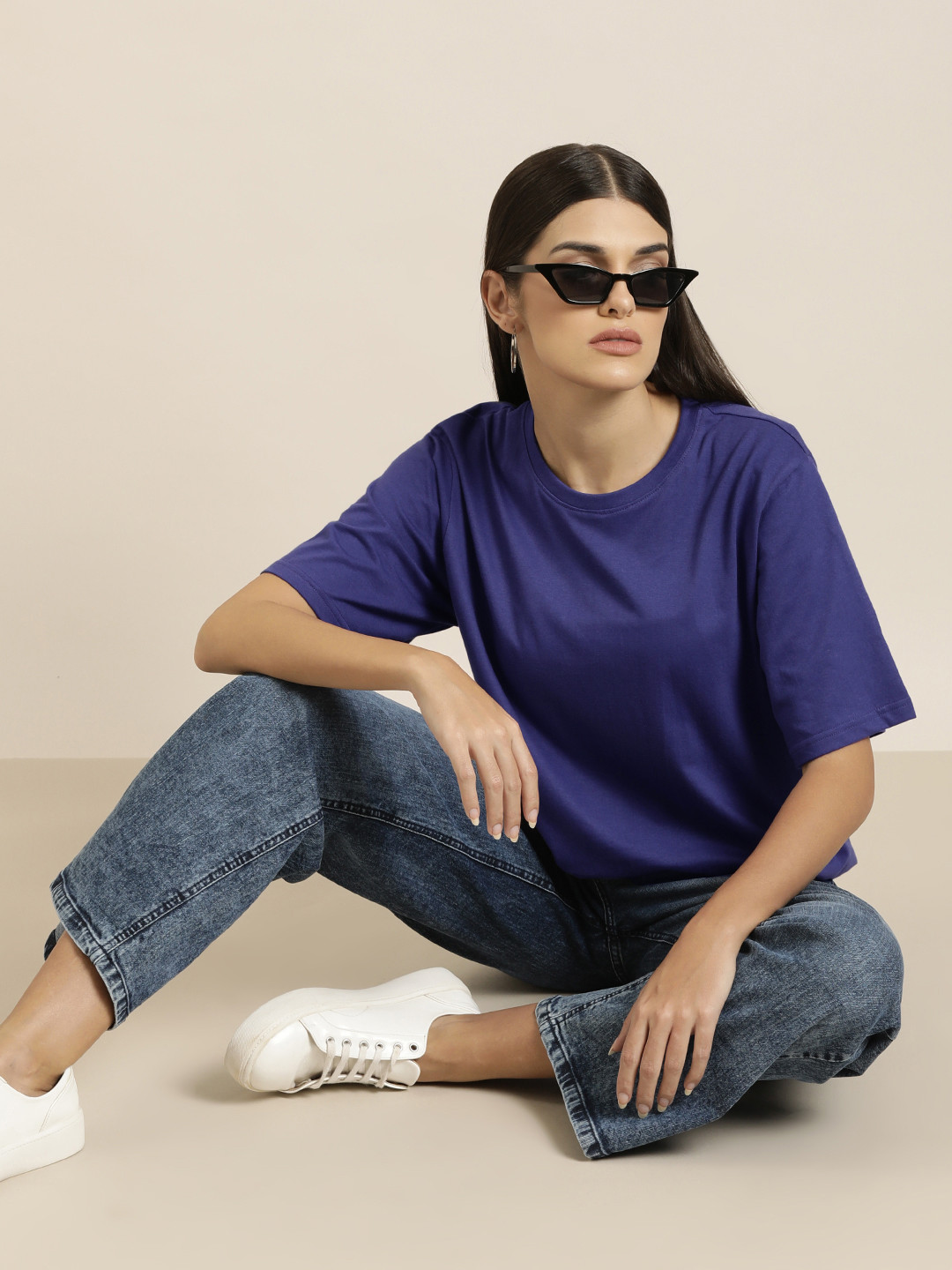 DILLINGER Women Navy Blue Solid Pure Cotton Oversized T-shirt
