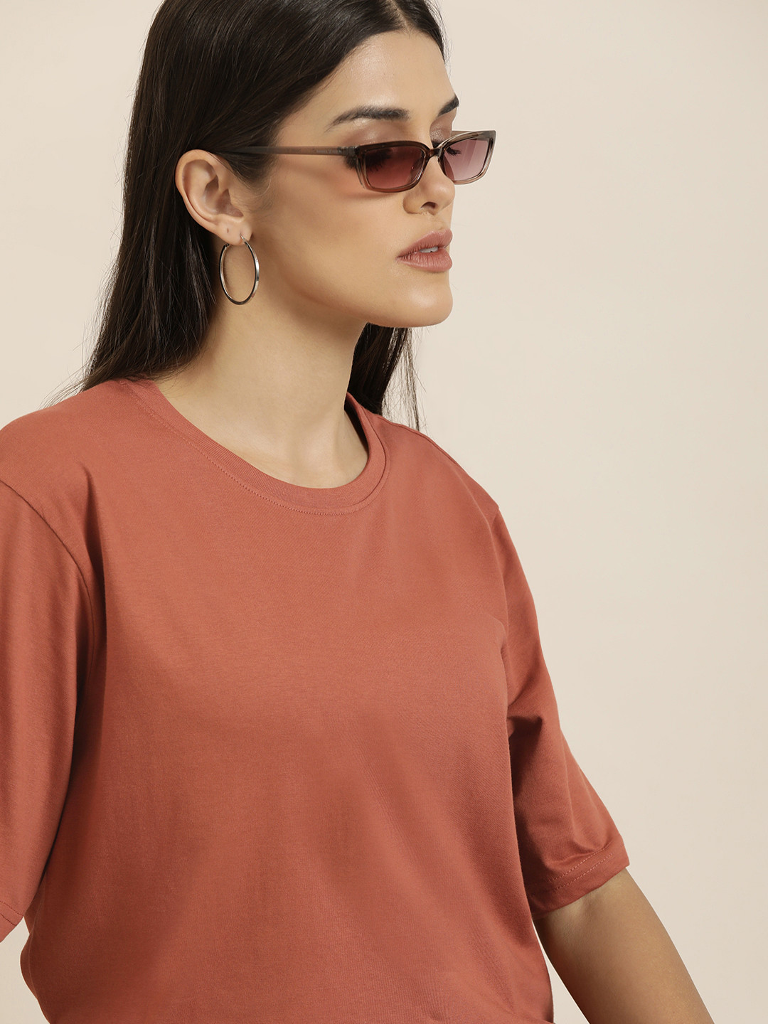 DILLINGER Women Brown Solid Pure Cotton Oversized T-shirt