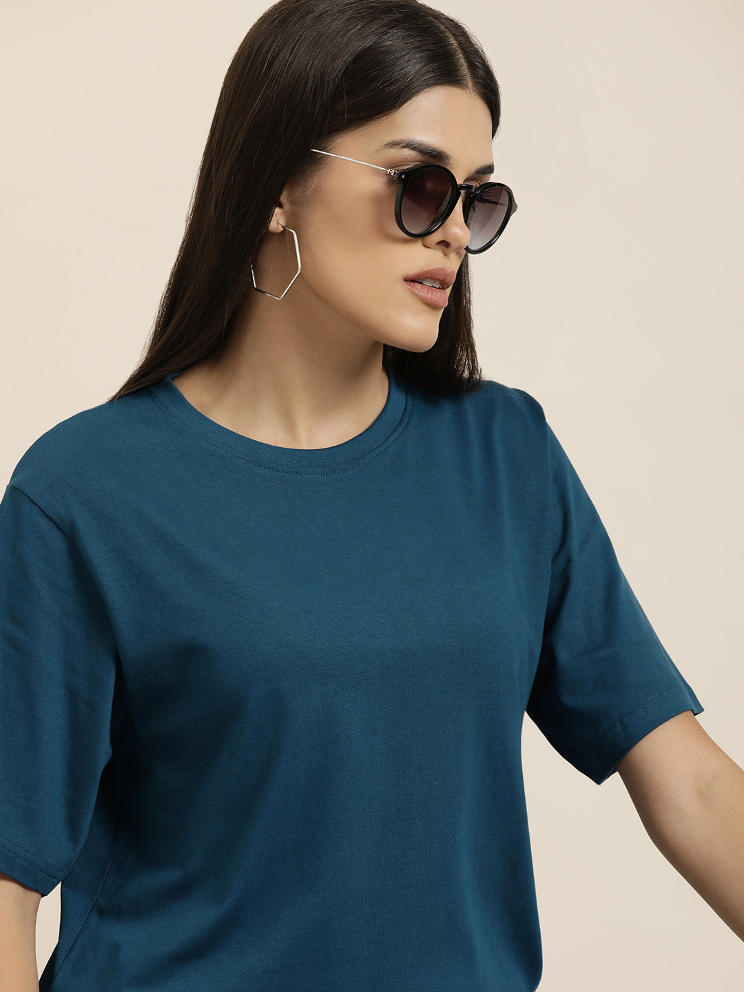DILLINGER Women Teal Blue Solid Pure Cotton Oversized T-shirt
