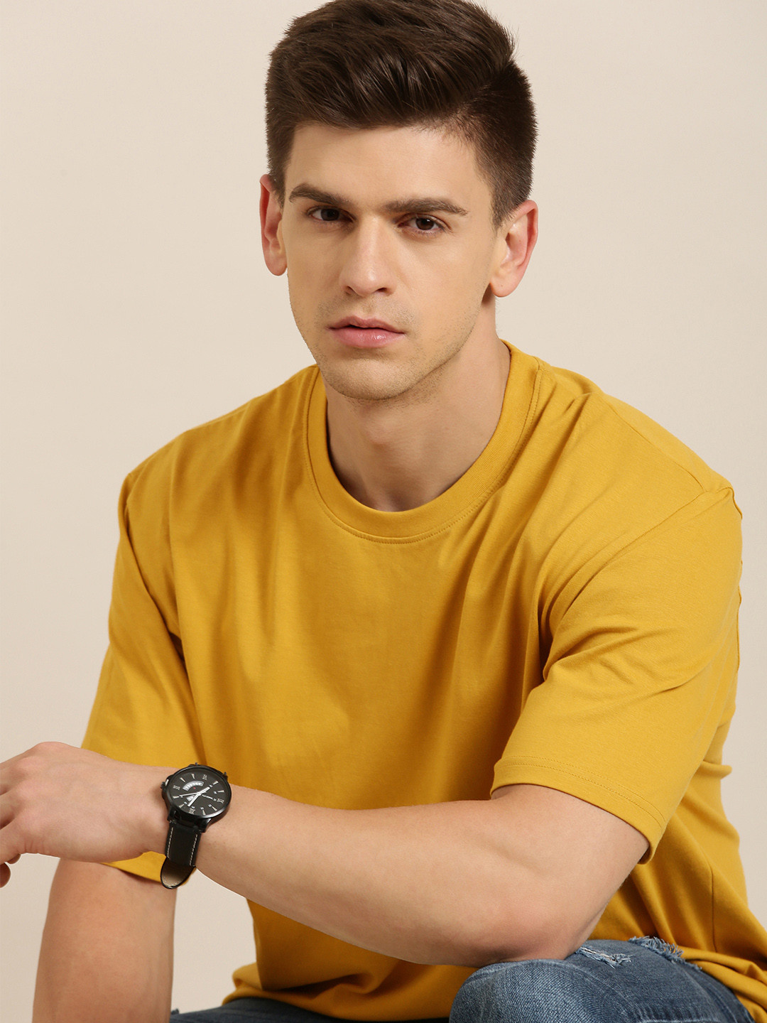 Difference of Opinion Men Mustard Yellow Cotton Drop-Shoulder Oversized Fit Oversized T-shirt