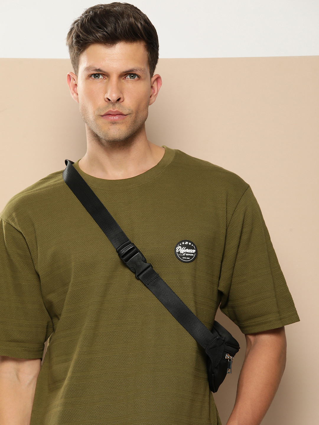 Difference of Opinion Men Olive Green Cotton Drop-Shoulder Oversized Fit T-shirt