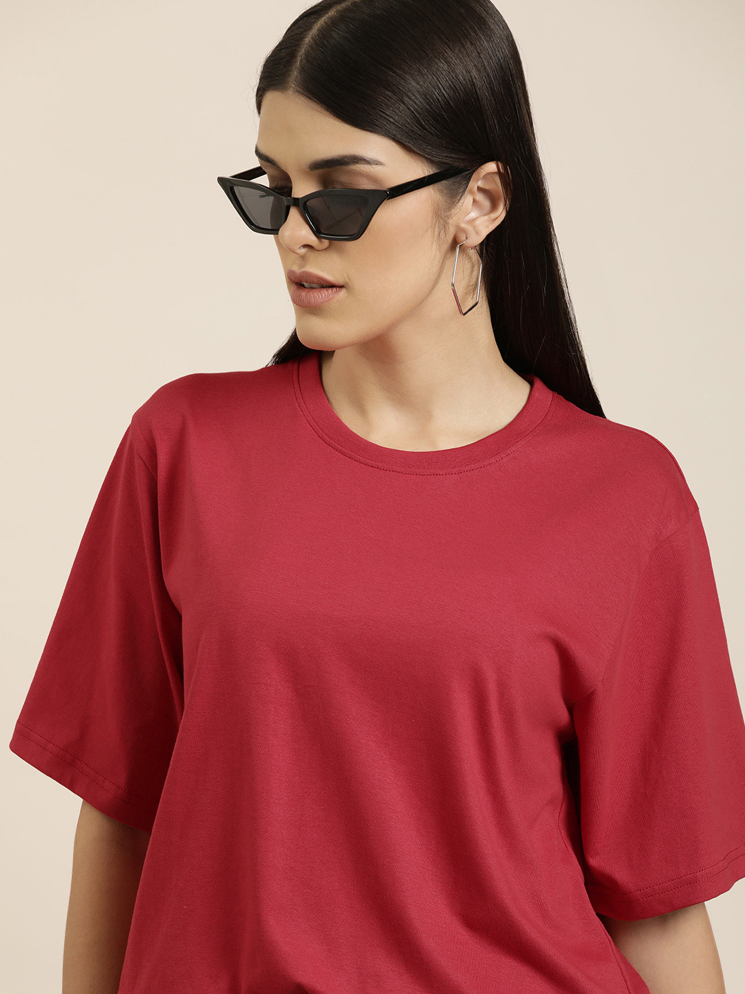 Difference of Opinion Women Red Solid Pure Cotton Oversized T-shirt