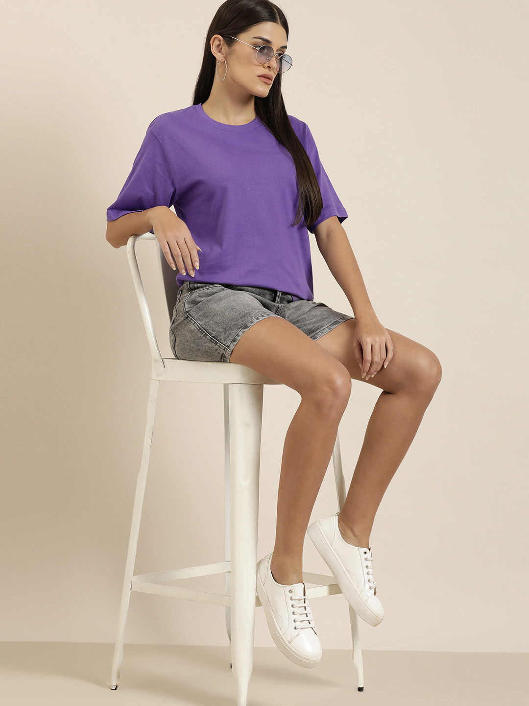 Difference of Opinion Women Purple Solid Pure Cotton Oversized T-shirt