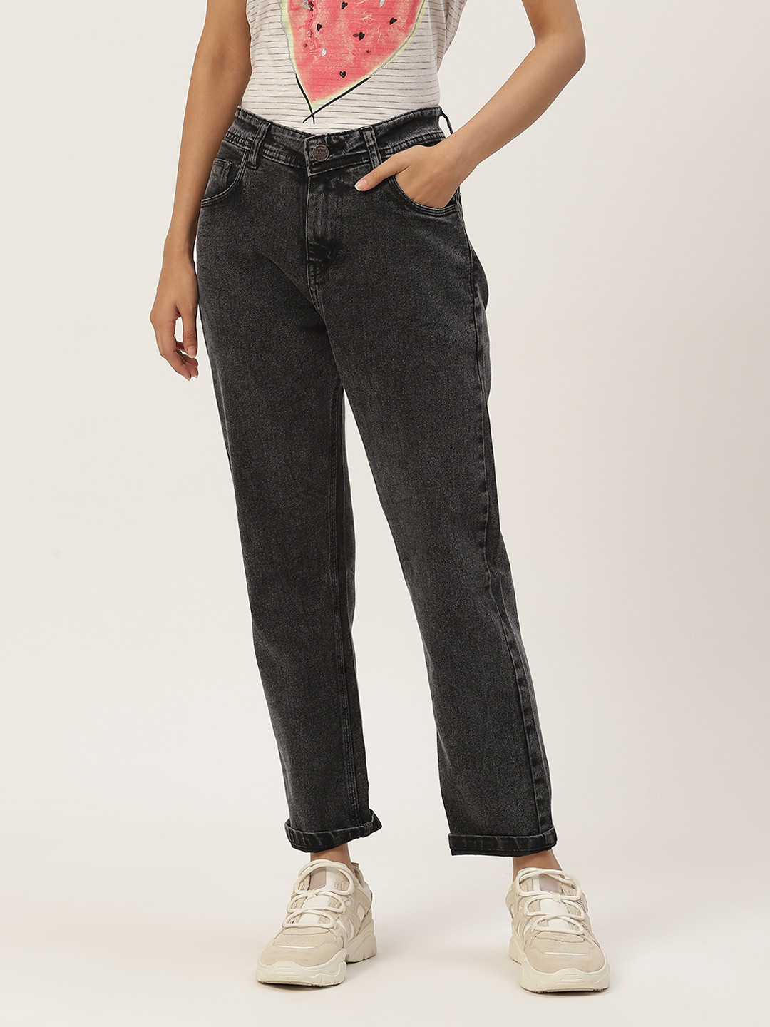 PARIS HAMILTON Women Charcoal Boyfriend Fit High-Rise Heavy Fade Acid Wash Stretchable Jeans