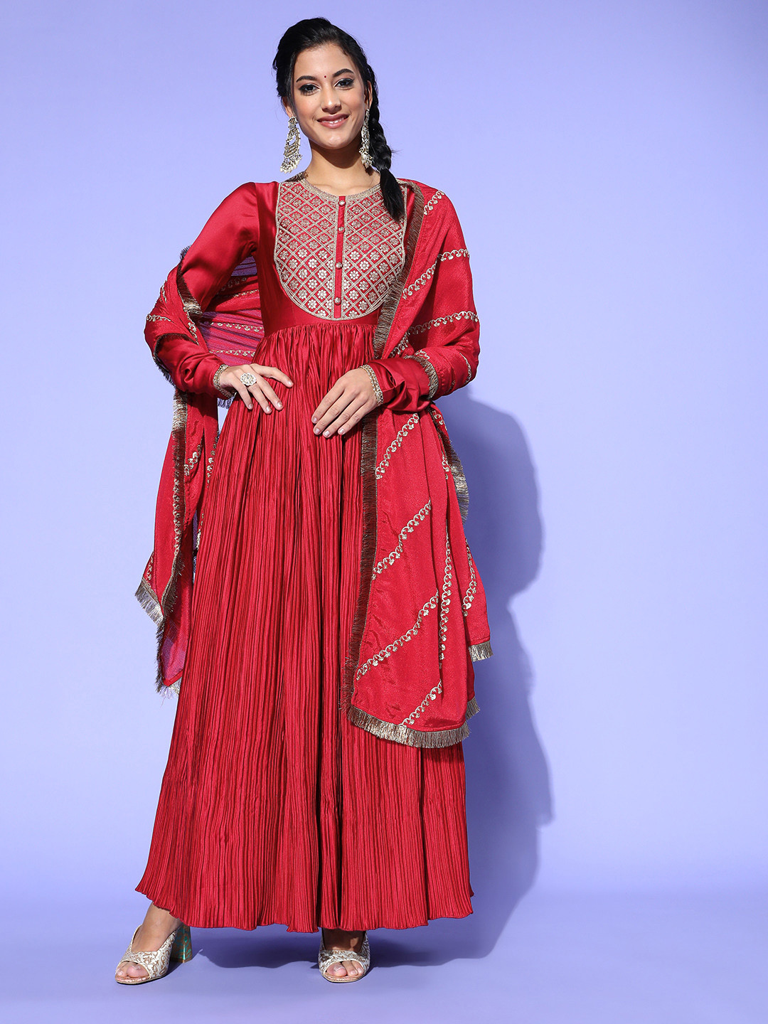 Inddus Yoke Design Pleated Kurta with Dupatta