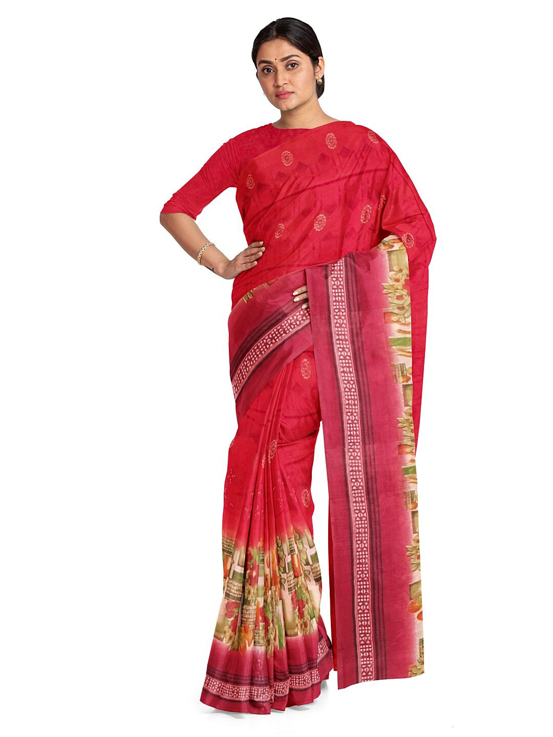 Florence Peach-Coloured & Green Floral Pure Georgette Saree