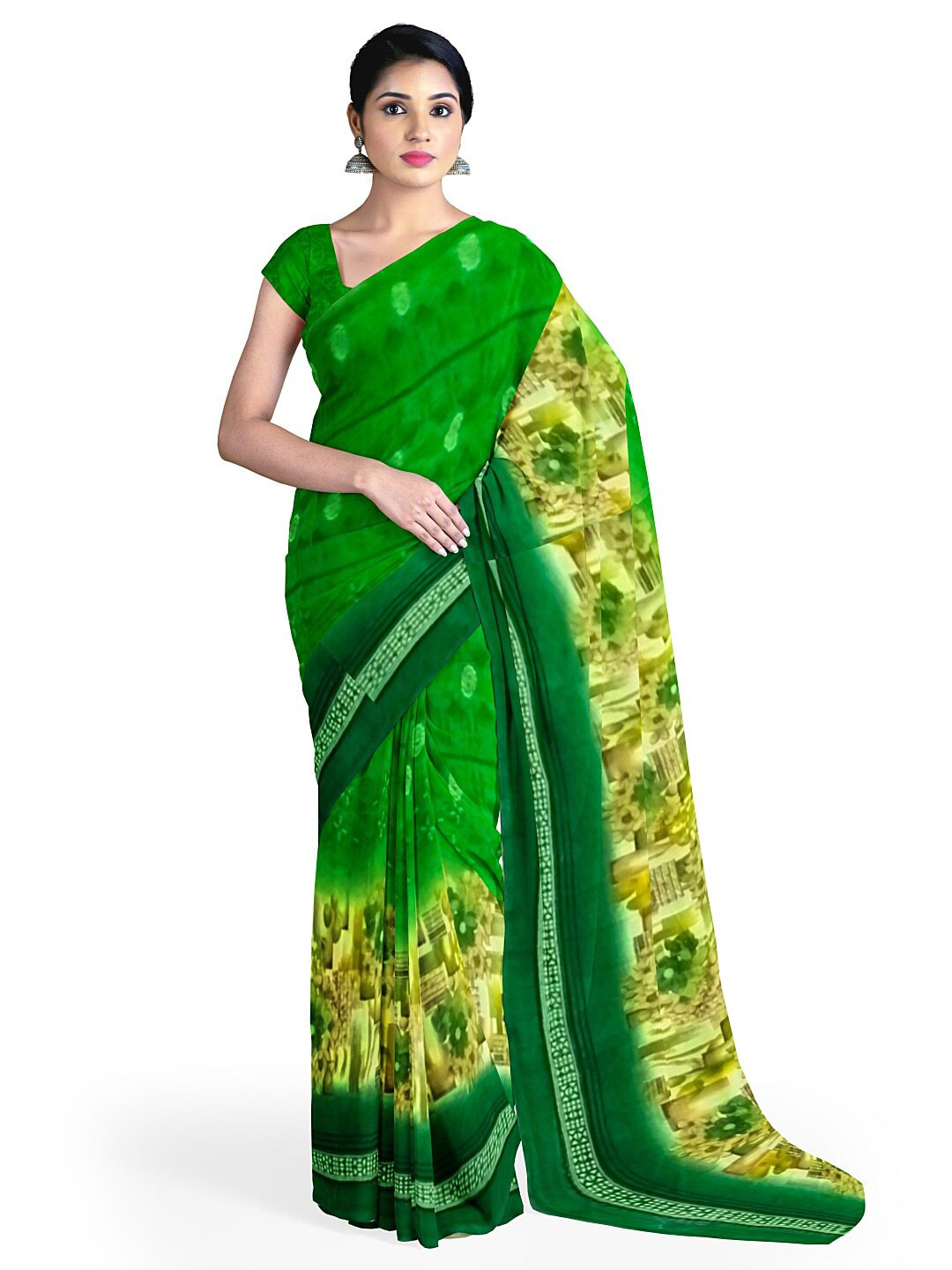 KALINI Green & Yellow Floral Pure Georgette Dharmavaram Saree With Unstithed Blouse