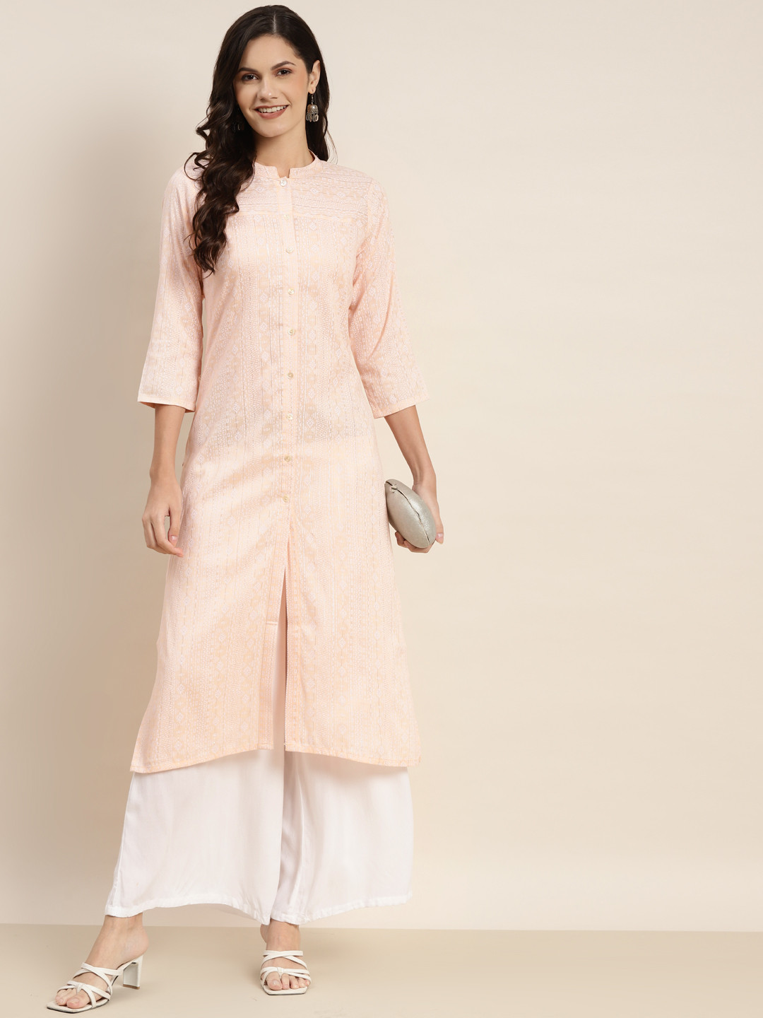 Jompers Women Peach-Coloured & Off White Ethnic Motifs Printed Lurex Kurta