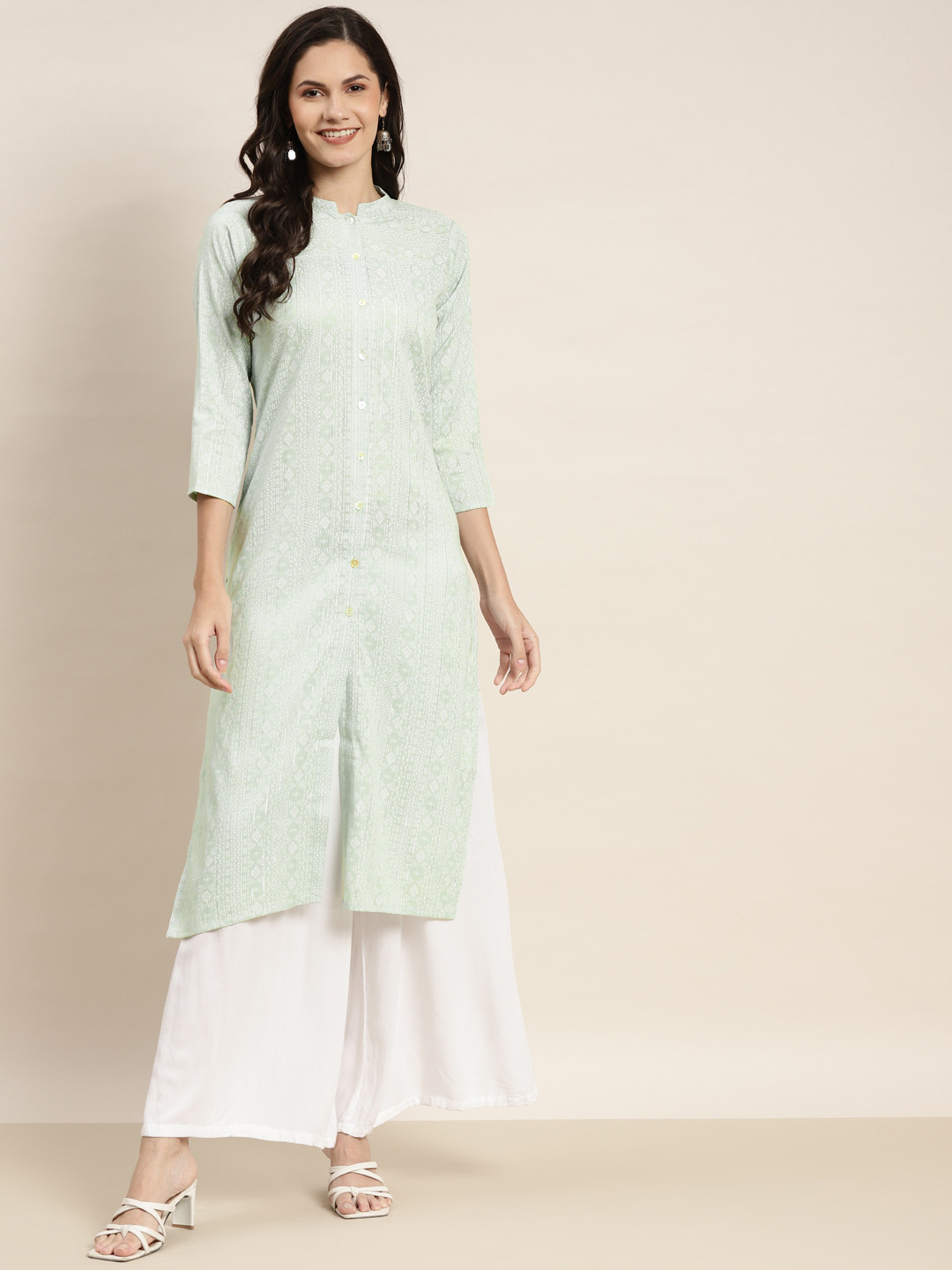 Jompers Women Mint Green & Off White Ethnic Motifs Printed Lurex Kurta