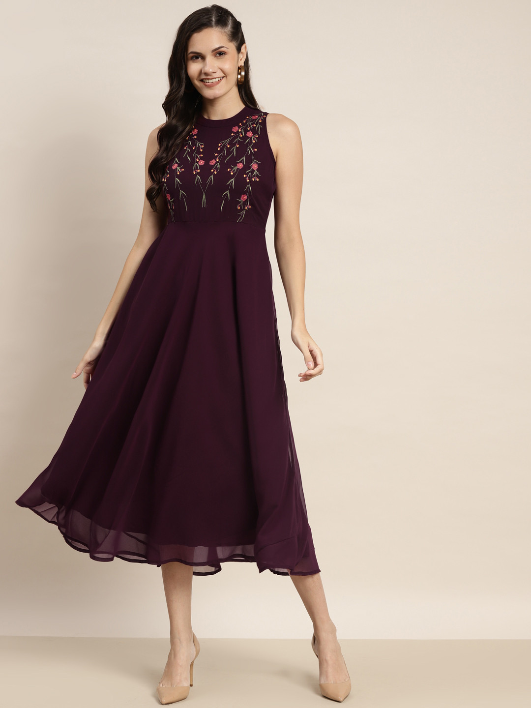 Jompers Purple & Pink Floral Embroidered A-Line Midi Dress