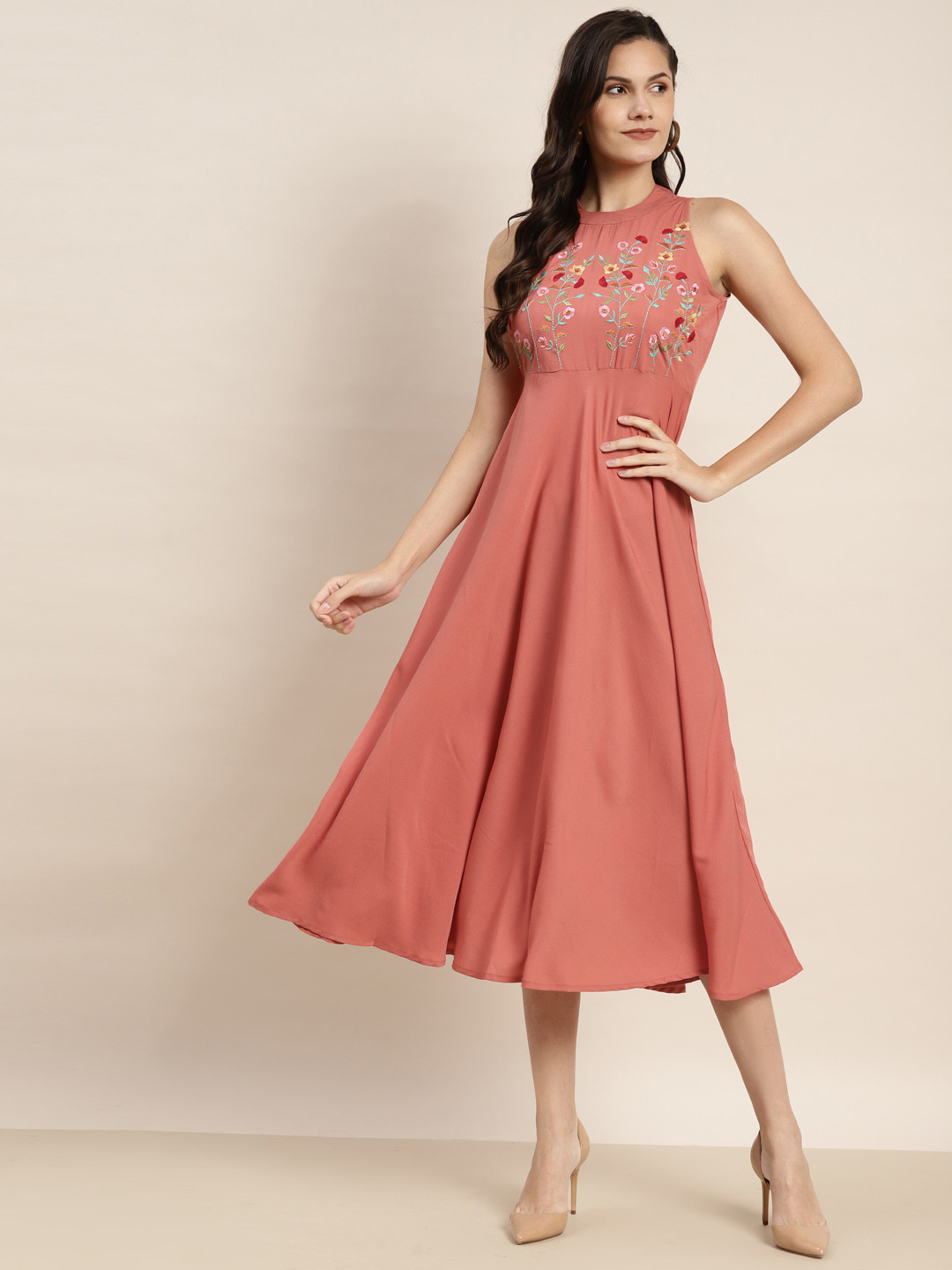 Jompers Pink & Green Ethnic Motifs Embroidered Georgette Ethnic Midi Dress