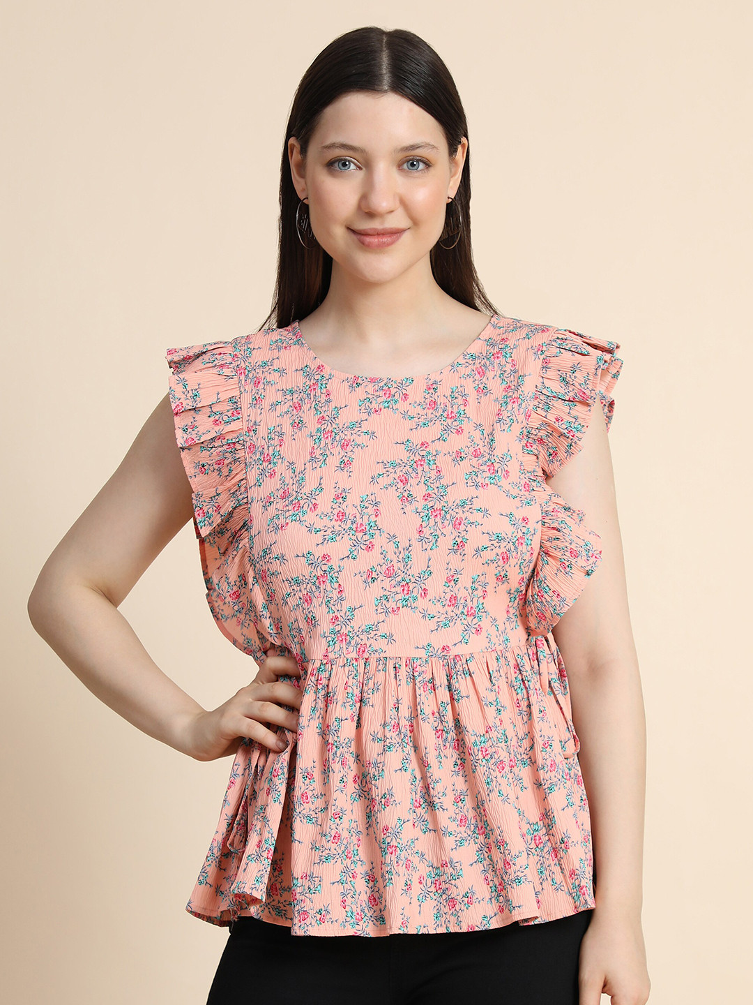 KERI PERRY Floral Print Georgette Peplum Top