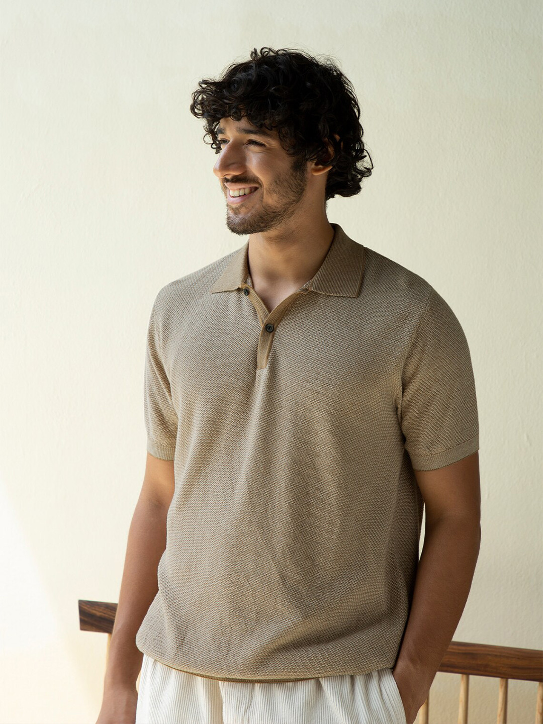 Andamen Men Khaki Polo Collar Cotton T-shirt